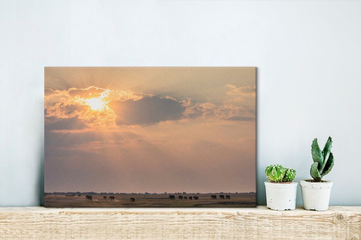 Savanne Leinwandbild Sonnenstrahlen Wanddeko, OneMillionCanvasses® cm Aufhängefertig, Wandbild Leinwandbilder, Chobe-Nationalpark., im (1 30x20 der über St),