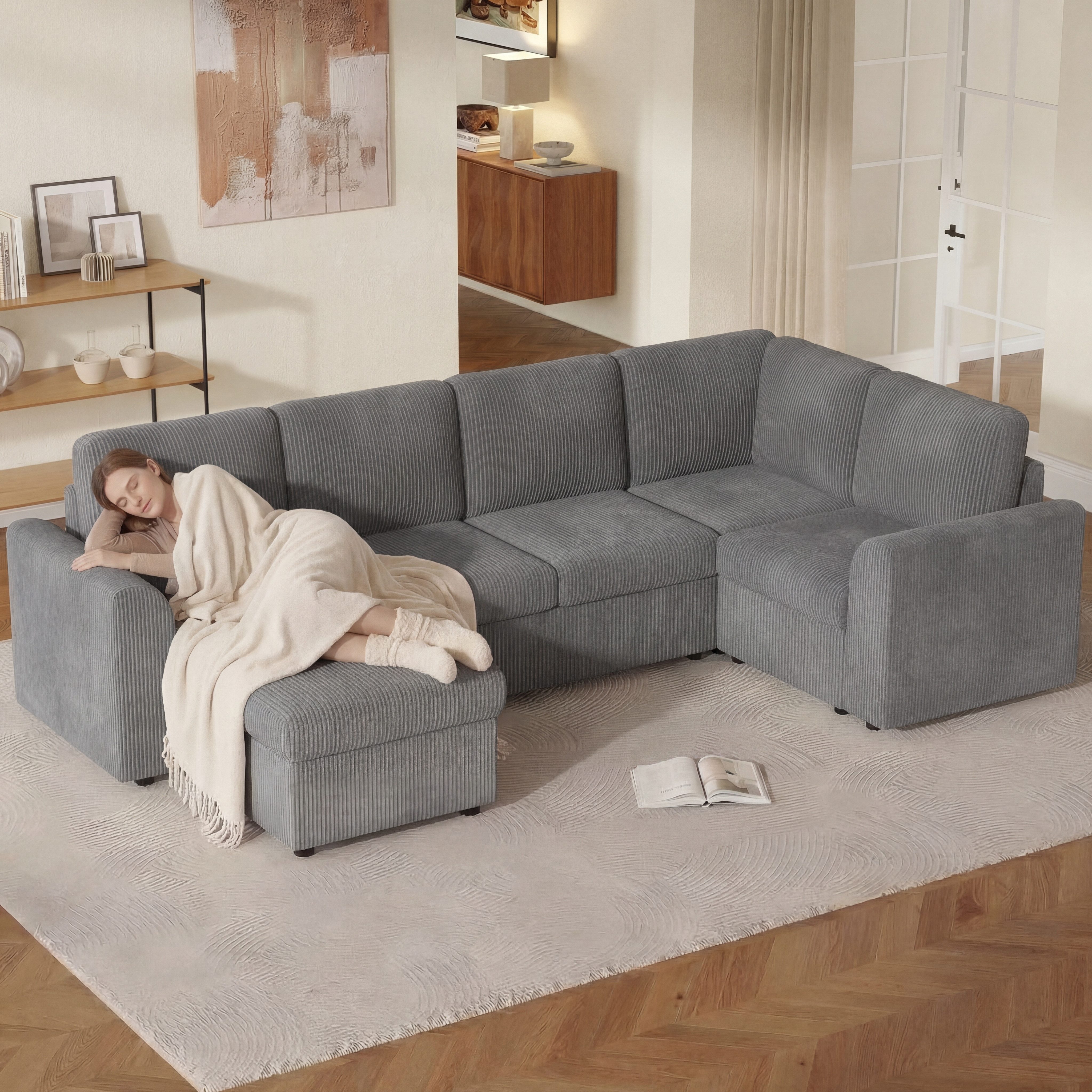 Merax Ecksofa 4-Sitzer U-förmiges Soffa mit 2 Stauraum Hocker, modulares Schlafsofa, 1 Teile, Chenille Couch Sofa für Wohnzimmer & Gästezimmer