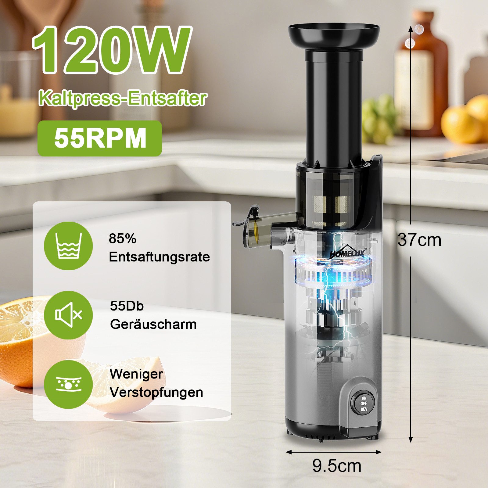HOMELUX Slow Juicer Kleiner Entsafter Sicherheitsverriegelung, Mini, kompakt, 120 W, Geräuscharm, mit Easy-Clean Konzept, 120 W