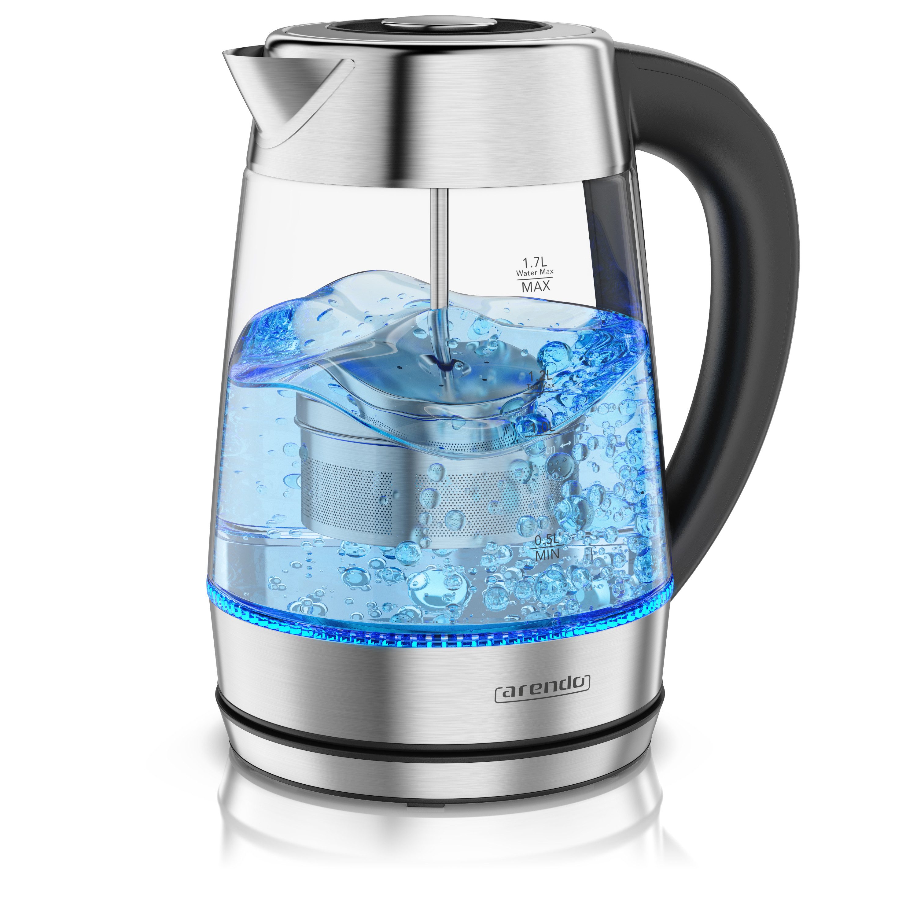 Arendo Wasserkocher Glas & Edelstahl 2in1 Teebereiter mit Teesieb & 5 Temperaturen, 1.7 l, 2200 W, Teekocher für losen Tee, 5 Stufen 40-100°C, LED-Licht & 2h Warmhalten