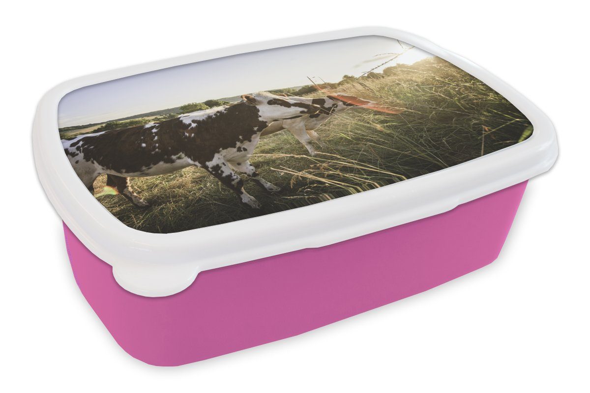 MuchoWow Lunchbox Kühe - Licht - Natur, Kunststoff, (2-tlg), Brotbox für Erwachsene, Brotdose Kinder, Snackbox, Mädchen, Kunststoff rosa