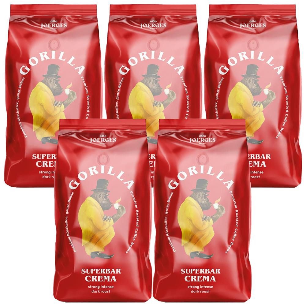 Gorilla Kaffee Joerges Espresso Superbar Crema ganze Kaffeebohnen, 5 x 1000 g, aus 60% Arabicabohnen und 40% Robustabohnen