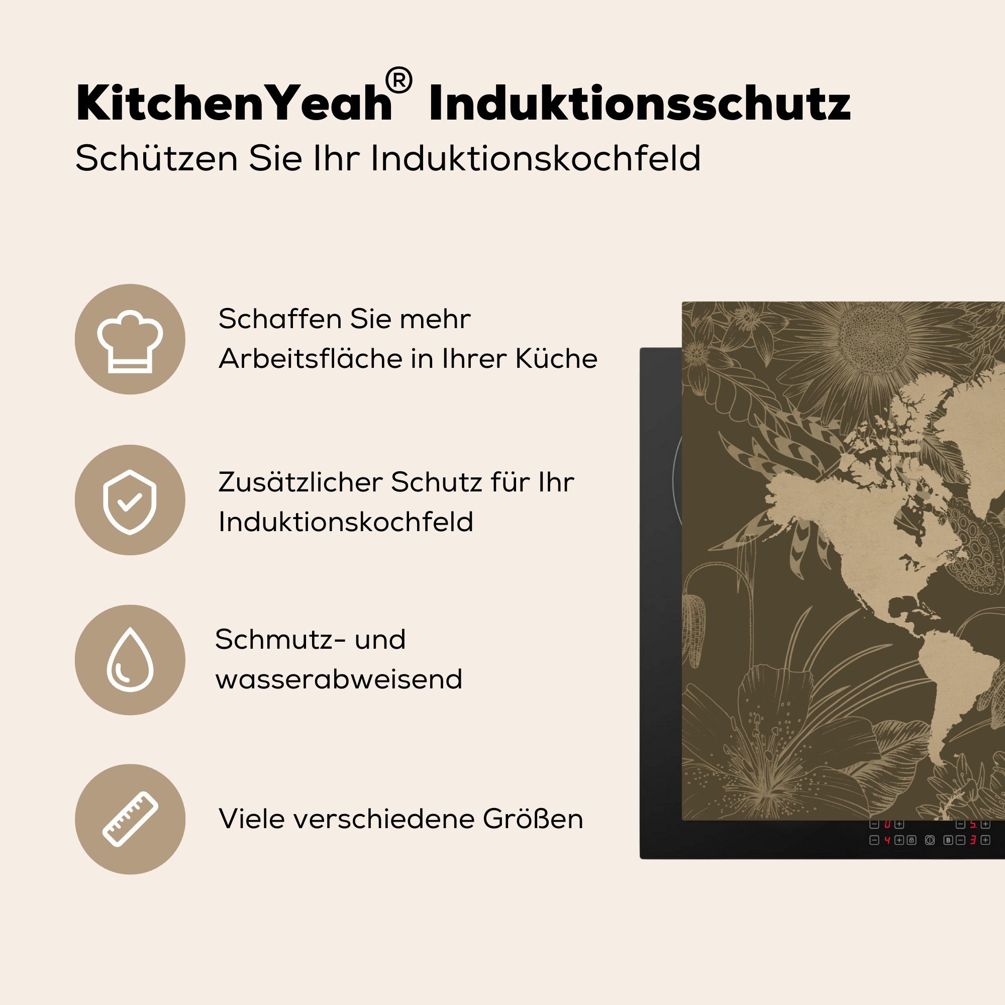 Ceranfeldabdeckung MuchoWow - cm, 81x52 Induktionskochfeld Braun, Weltkarte Blumen - Schutz küche, (1 für die Vinyl, Herdblende-/Abdeckplatte tlg),