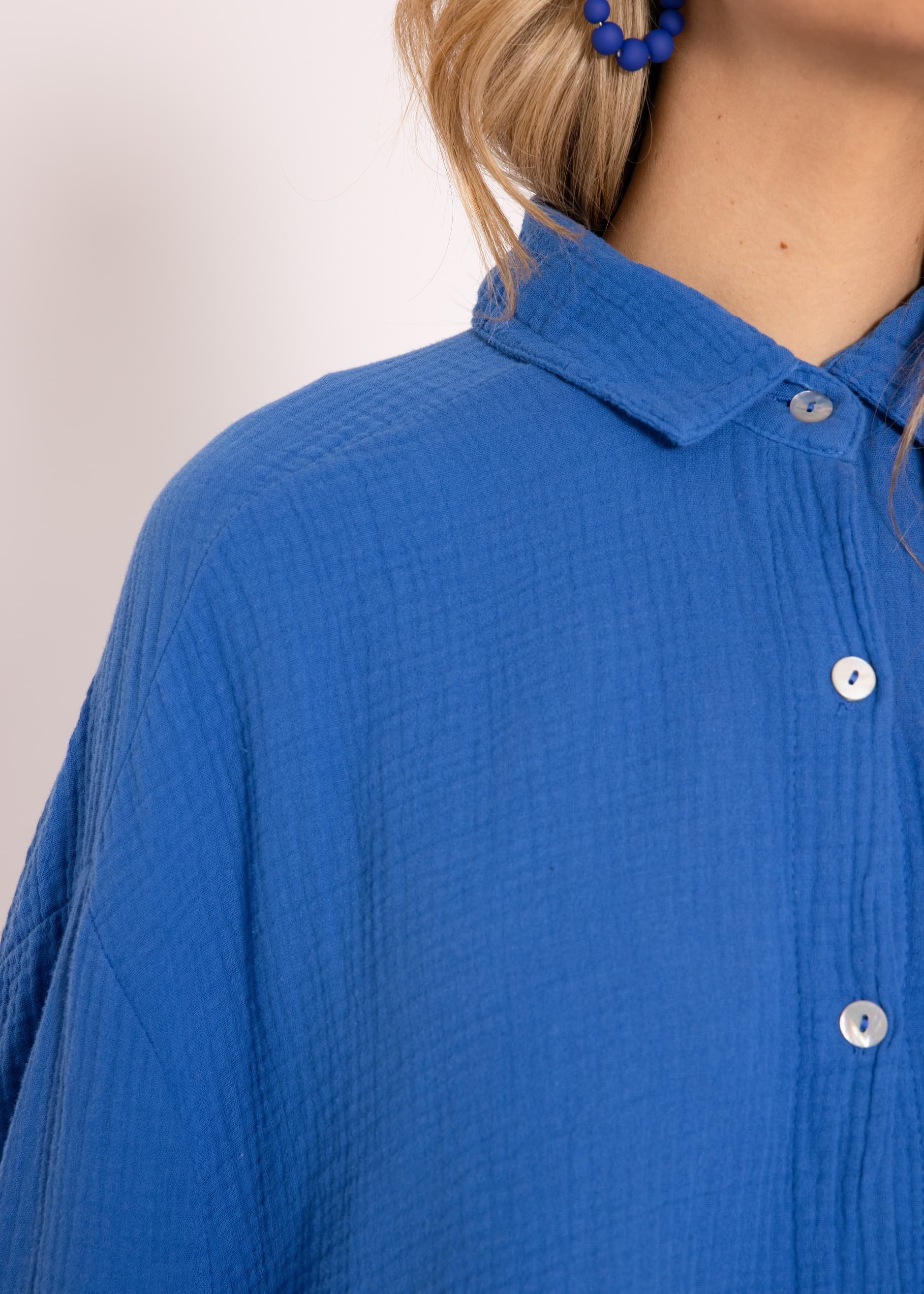 Longbluse mit Damen Musselin SASSYCLASSY Royalblau 36-48) Langarm Oversize aus Baumwolle One (Gr. Bluse Size V-Ausschnitt, lang Hemdbluse