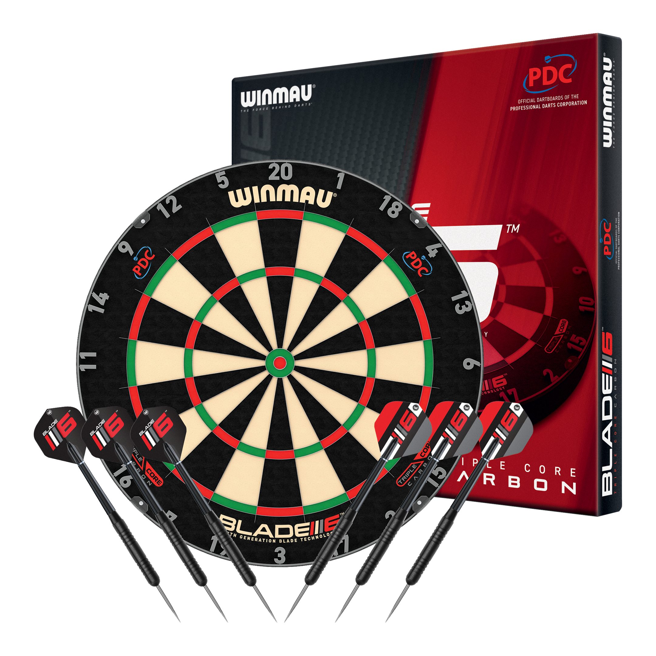 Winmau Dartscheibe Winmau Blade 6 Triple Core Set mit 2 Sets Darts, (Dartscheibe mit Dartpfeilen)