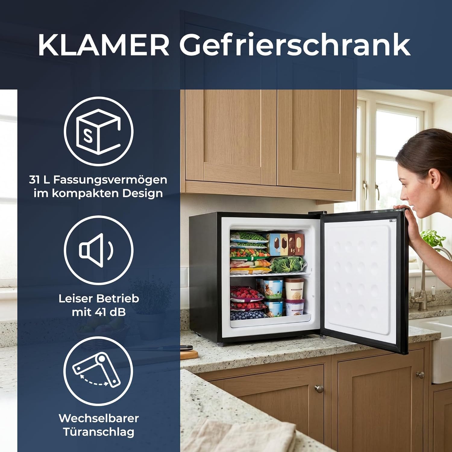 KLAMER Gefrierschrank Minigefrierschrank, 48 cm hoch, 45 cm breit, Echte Gefrierleistung, Kompakt & Effizient