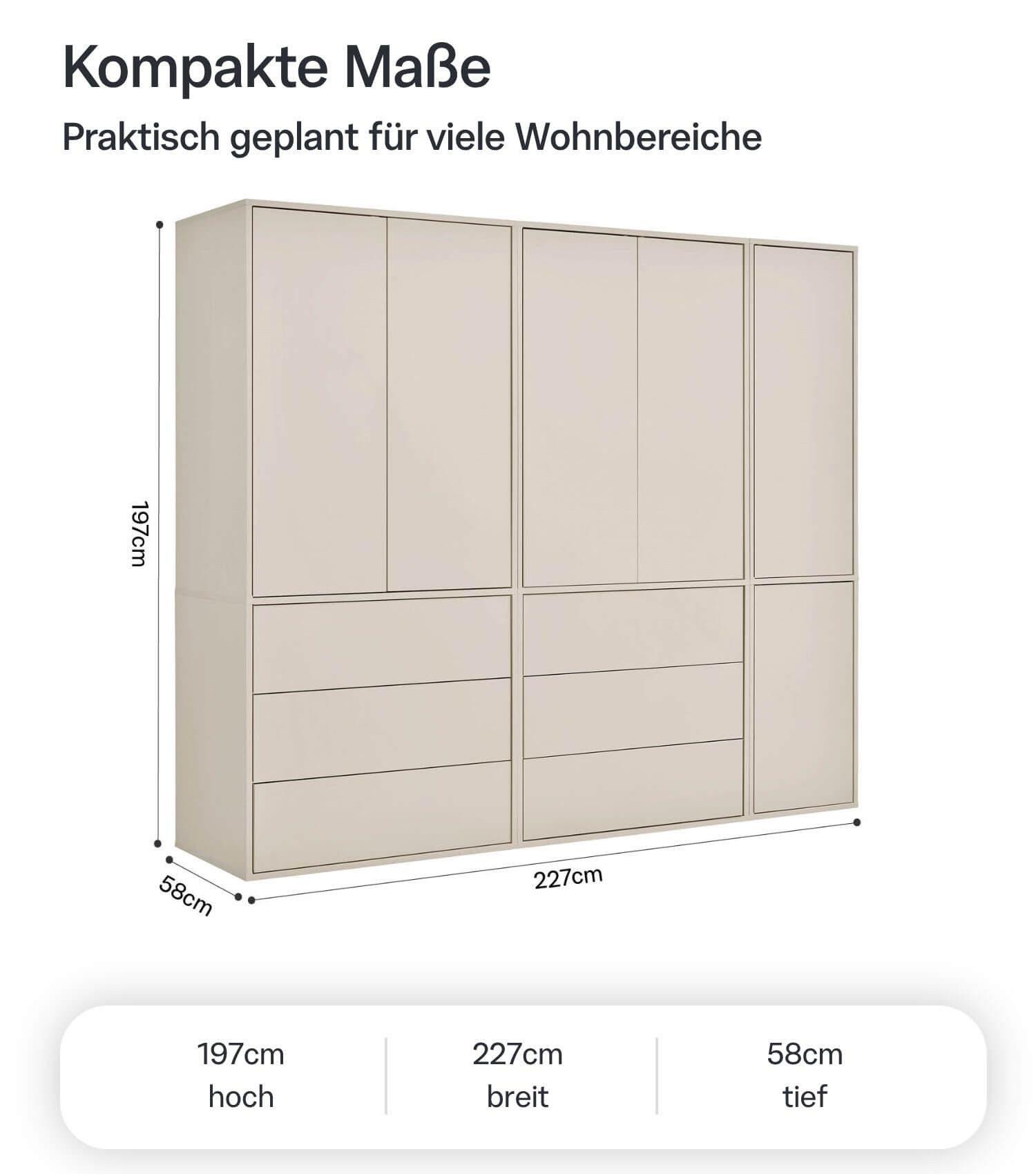 mokebo Kleiderschrank Kleiderschrank in Kaschmir-Beige 'Robe' (227x197 cm, mit Push-to-Open) Made in Germany, Schlafzimmer Schrank, mit Schubladen, Kaschmir Beige