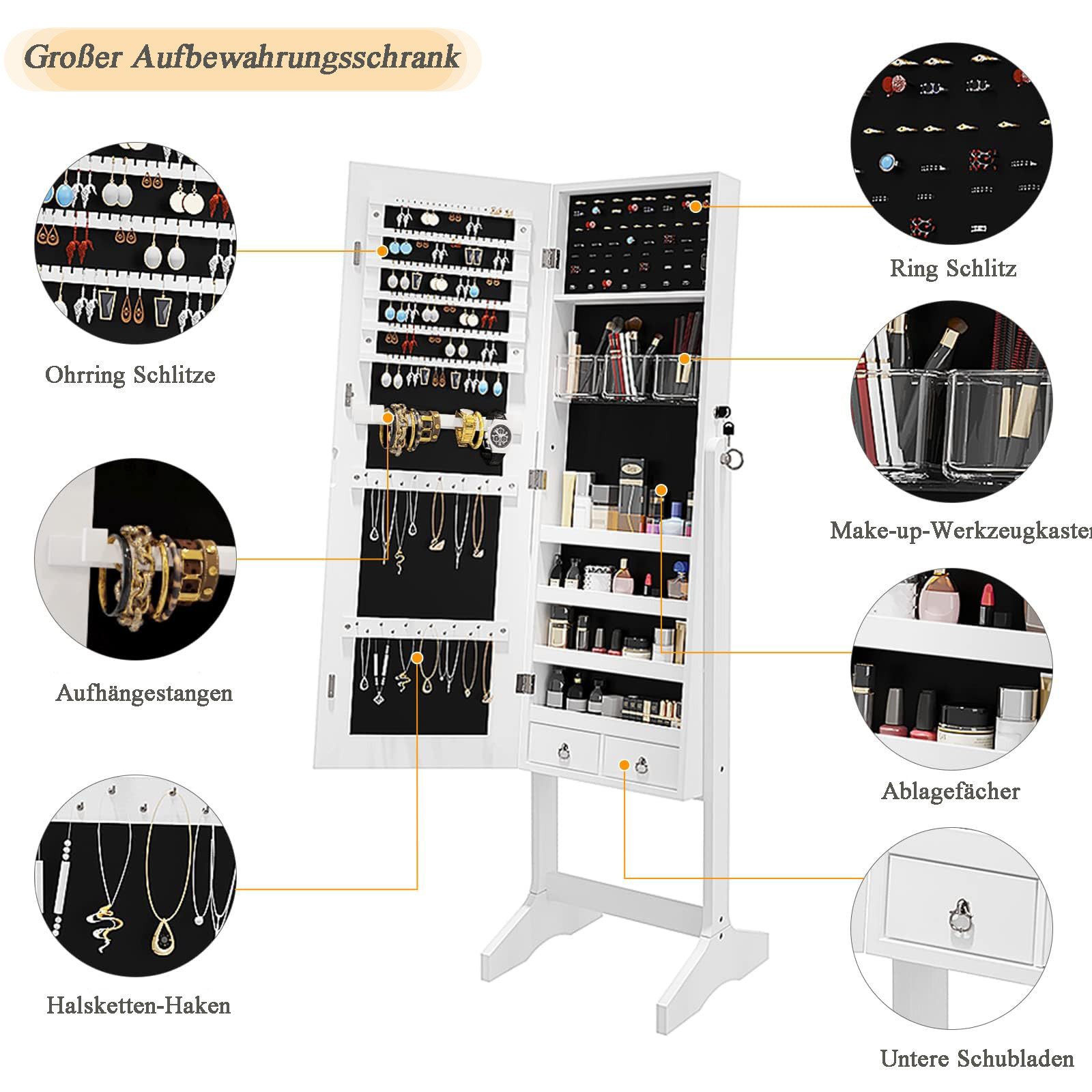 Dripex Schmuckschrank Schmuck Spiegelschrank abschließbar 2 in 1 Make-Up und Schmuck 36T x 41B x 152H cm – Bild 4 von 5