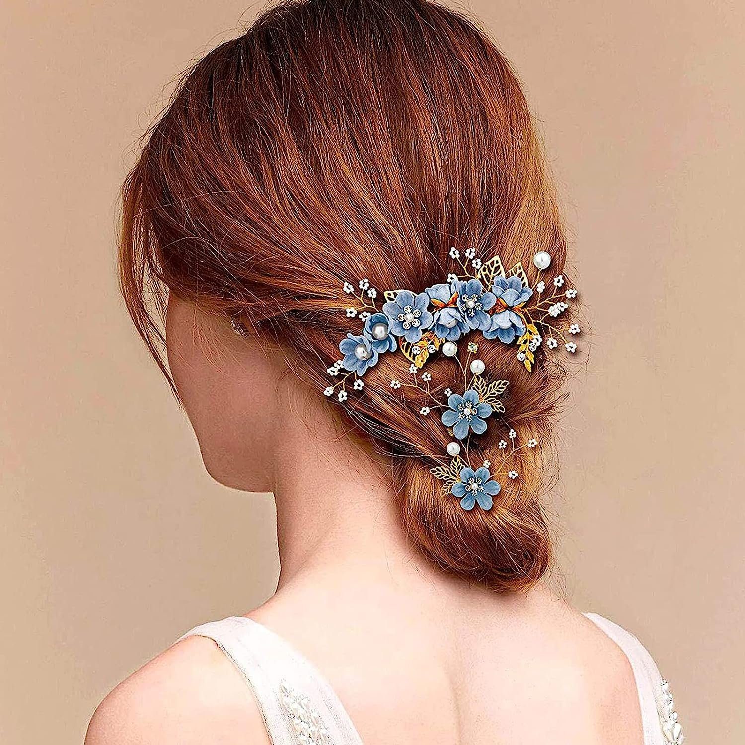 4 Diadem blau Hochzeits-Haarkämme, Stück WaKuKa Perlen-Blumen-Braut-Haarschmuck