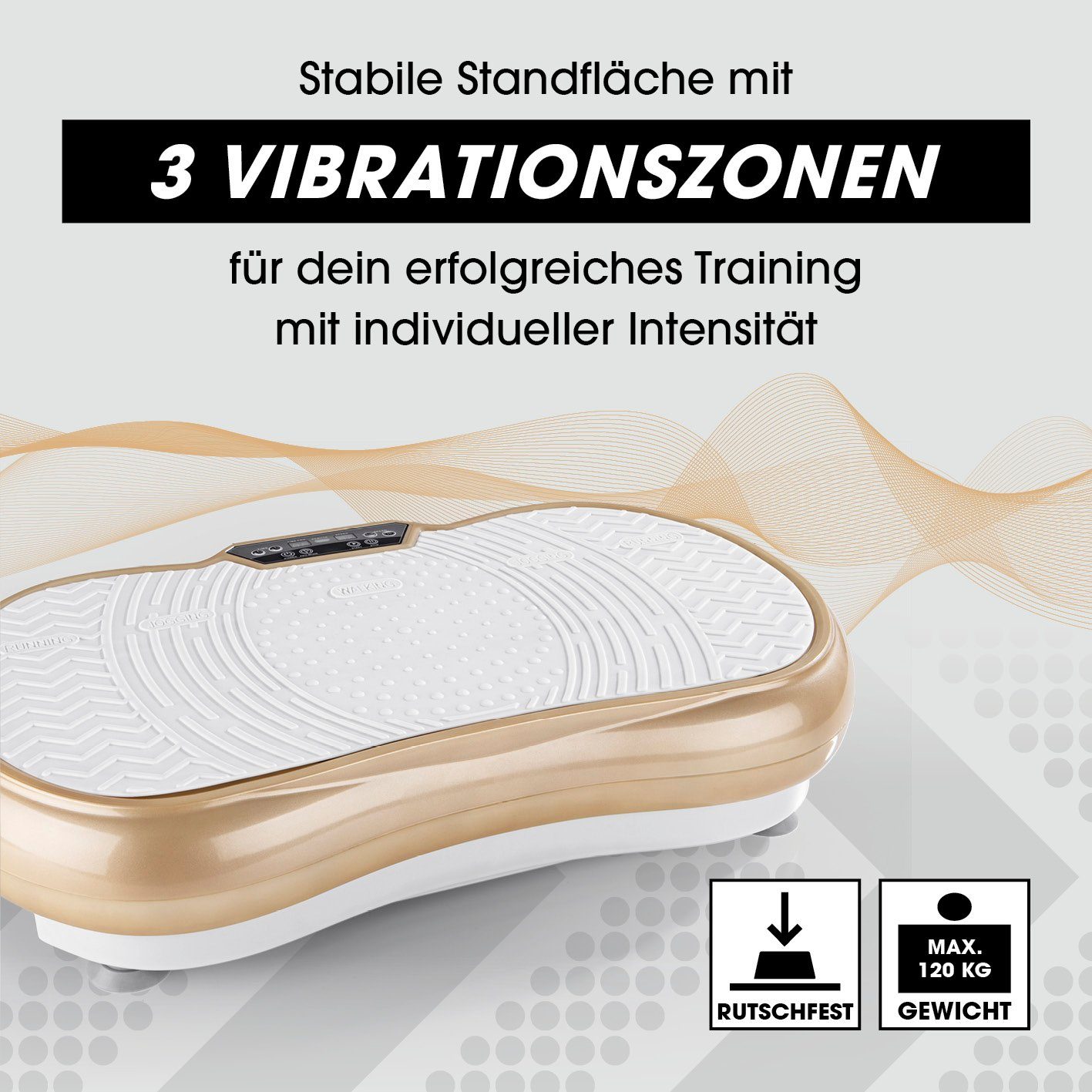 VITALmaxx Vibrationsplatte inkl. Stufen, 99 Champagner Ganzkörperplatte 4-teilig 200,00 W, Expanderbänder Vibrotrainer