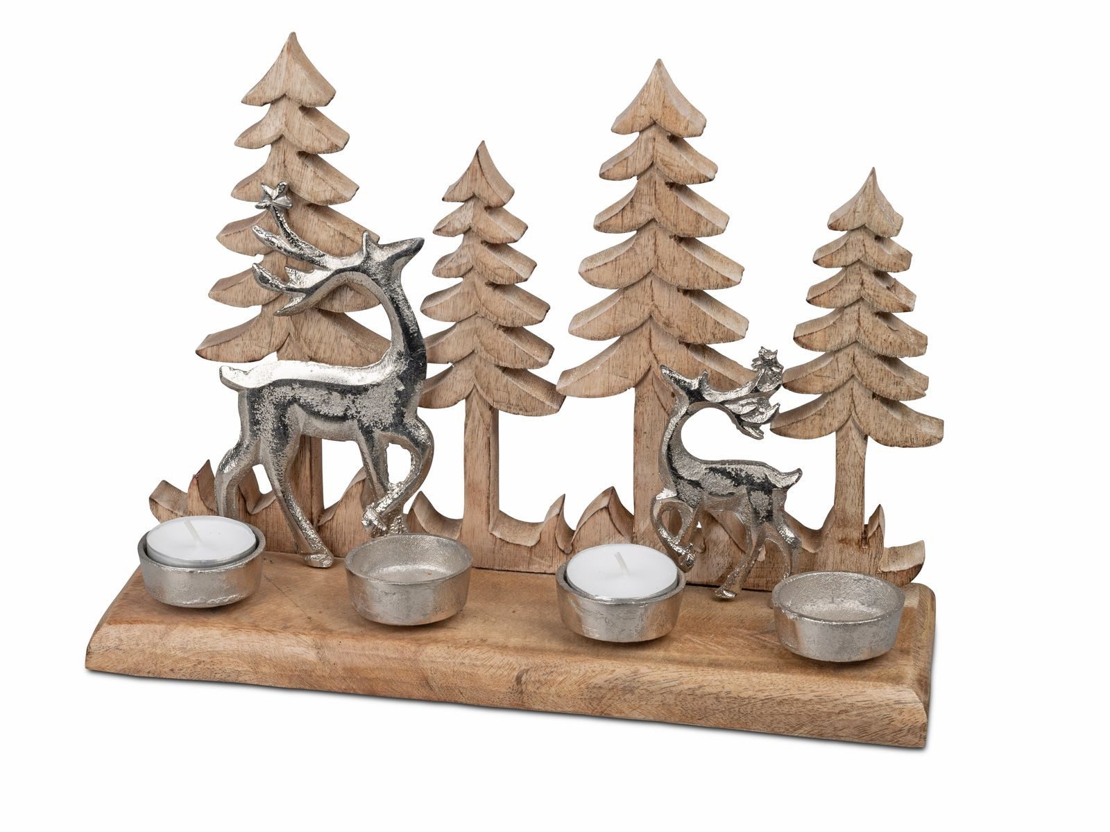 formano Dekofigur Adventsleuchter Tannen und Hirsche 4 Teelichter Mango-Holz Aluminium