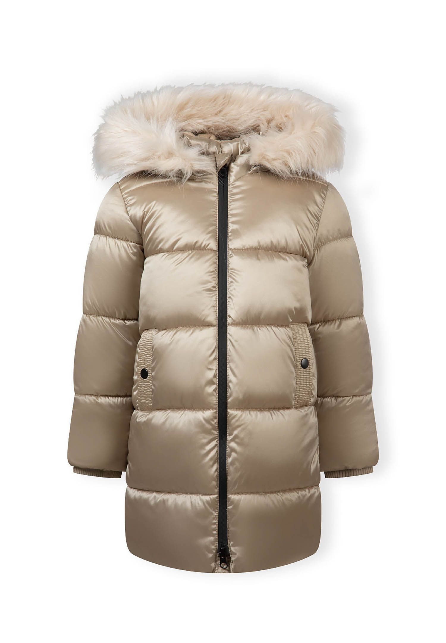 MINOTI Winterjacke Steppjacke mit Reißverschluss und Fellbesatz an der Kapuze (2–14y) trendiger Aufnäher am Ärmel
