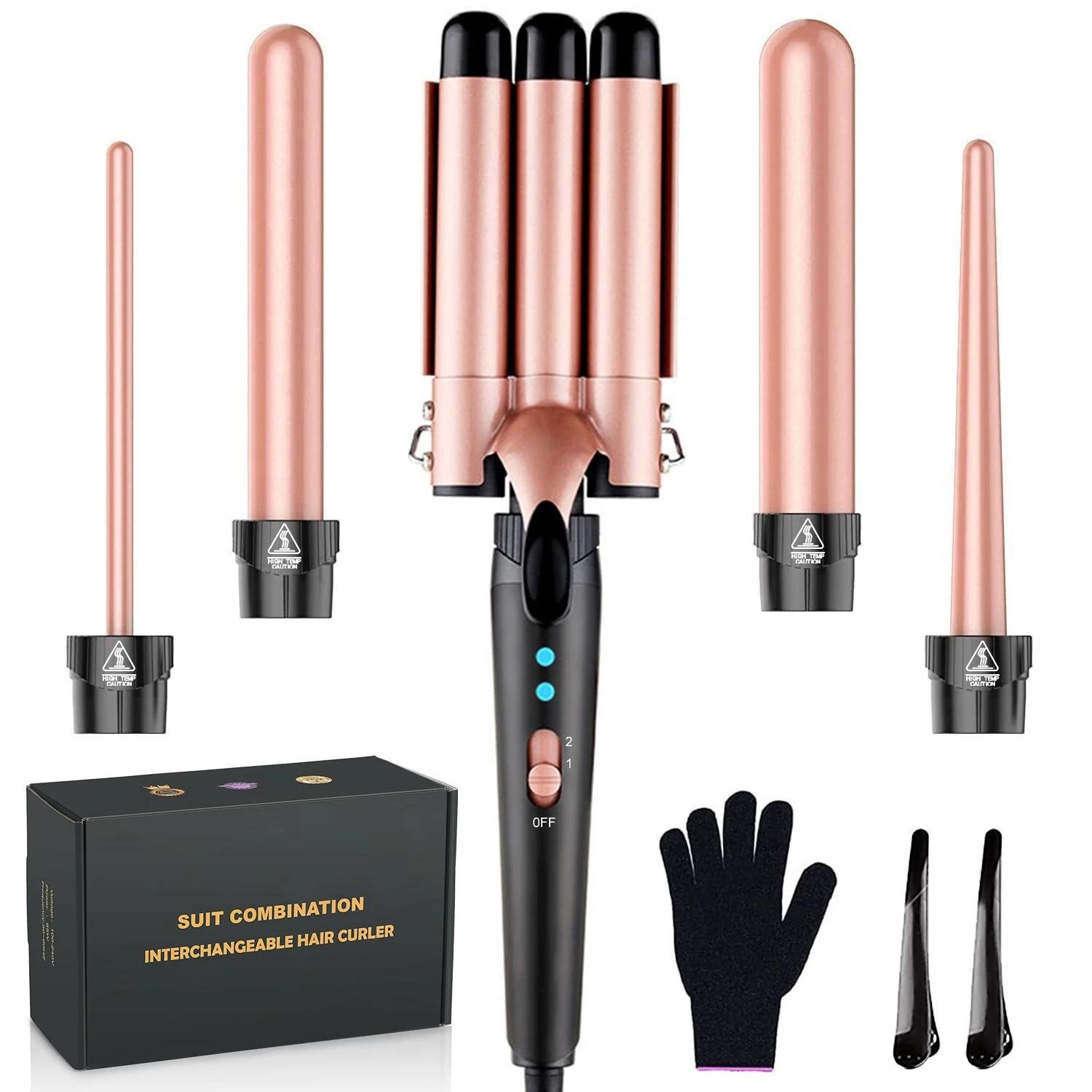 SeeCherish Lockenstab 5‑in‑1 Lockenstab‑Set mit wechselbaren Aufsätzen, Schnell aufheizender Haarstyler mit 3‑Ton‑Wellenwickler