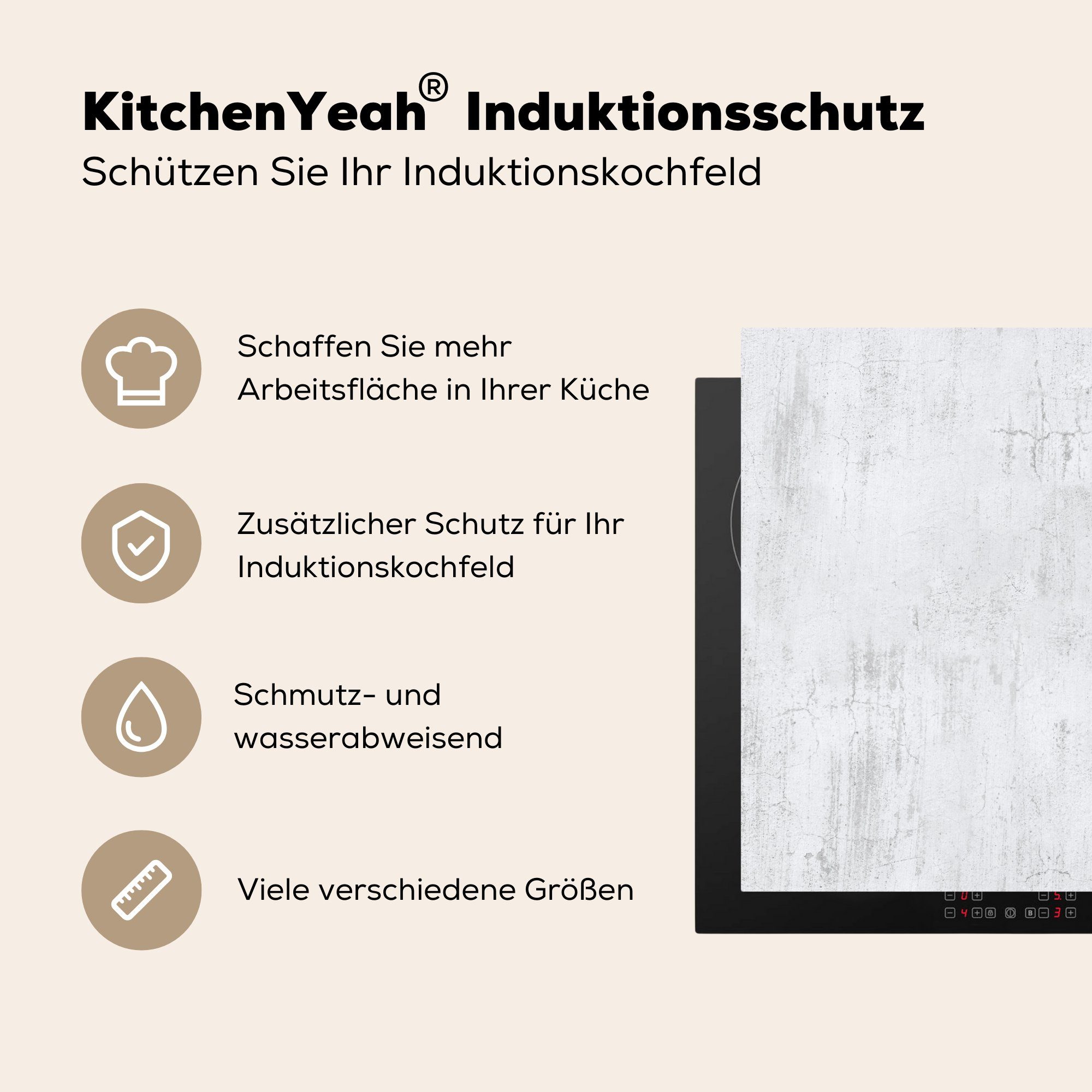 Beton für Herdblende-/Abdeckplatte 78x78 Arbeitsplatte - tlg), cm, (1 - MuchoWow küche Ceranfeldabdeckung, Grau Weiß, Vinyl,