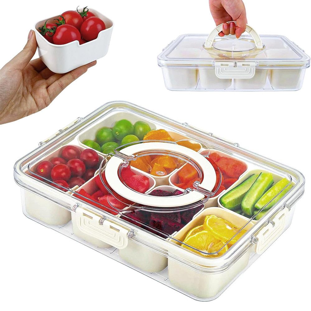 TUWENA Frischhaltedose Snackteller Mit 8 FäChern und Griff, Tragbar Snackboxen Organizer