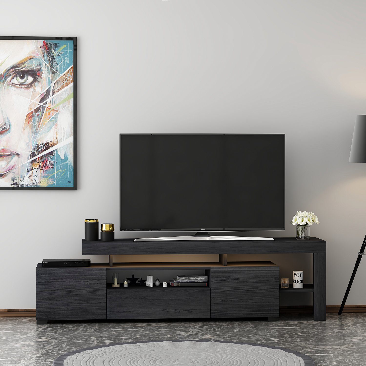 Lowboard TV Lowboard Schwarz mit LED-Leuchten 9055