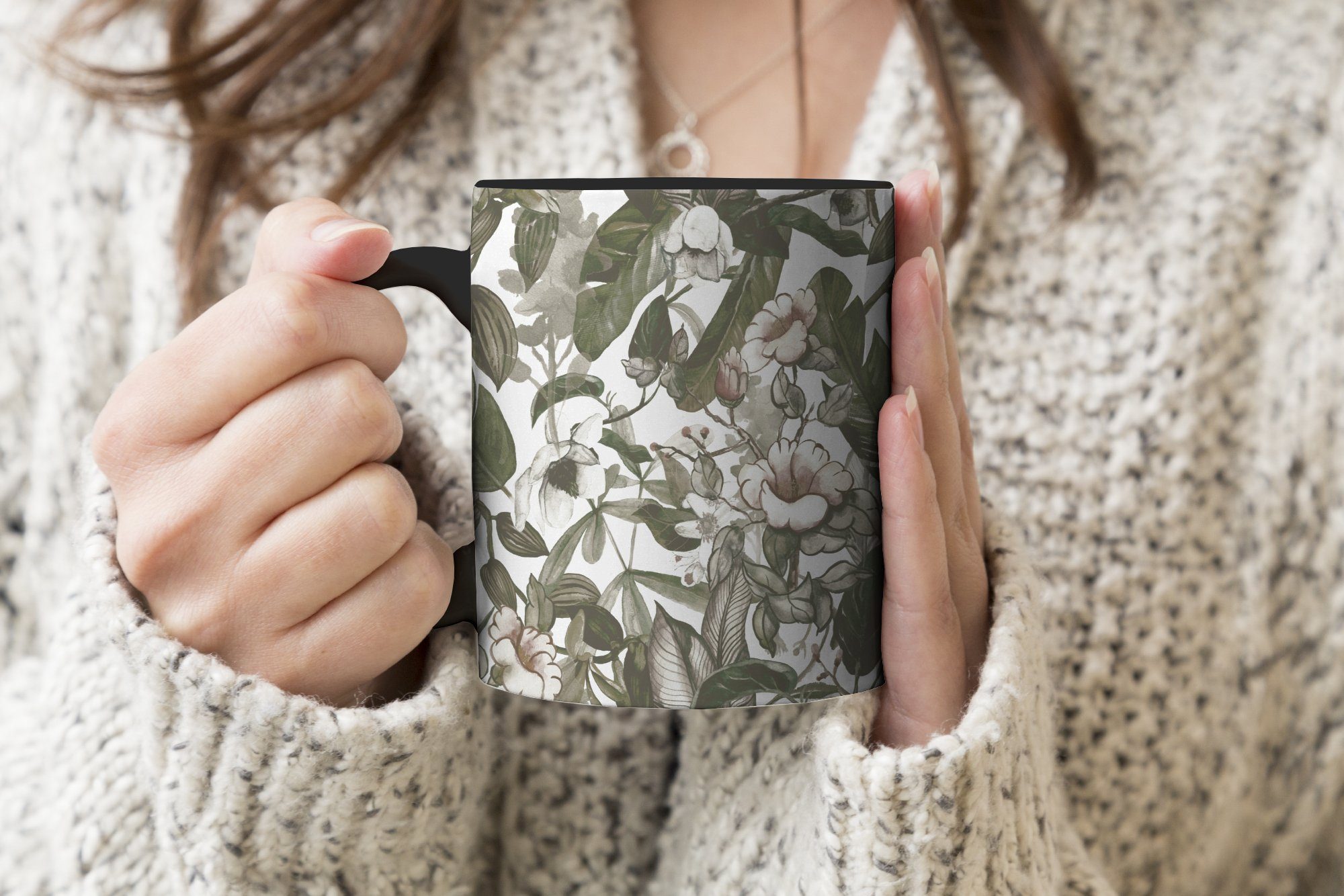 MuchoWow Tasse Blumen - Geschenk Blätter - Kaffeetassen, Vintage Zaubertasse, Farbwechsel, Keramik, - Muster, Teetasse