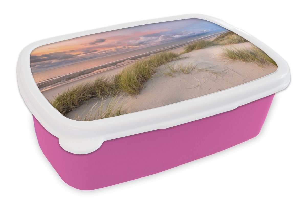 Kunststoff Niederlande Rosa, Dünen - Strand Mädchen, Brotbox Meer Snackbox, (2-tlg), - Lunchbox Erwachsene, für MuchoWow - Kunststoff, - Brotdose Kinder,
