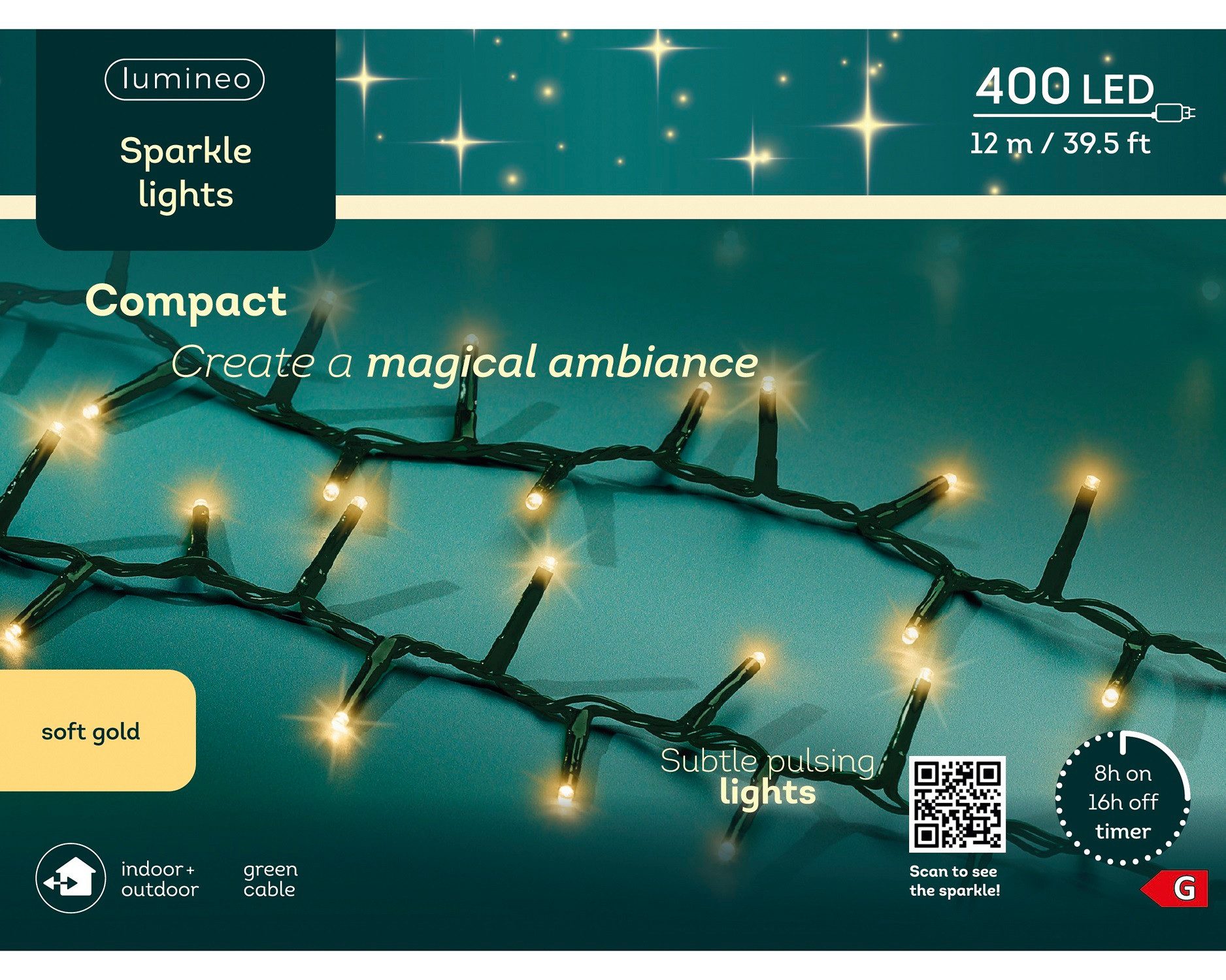 Lumineo LED-Lichterkette Lumineo Lichterkette COMPACT SPARKLE 400 LED 12 m, Soft Gold, grün, Indoor/Outdoor, Funkel-Effekt, 8h-Timer, + 5 m Zuleitung