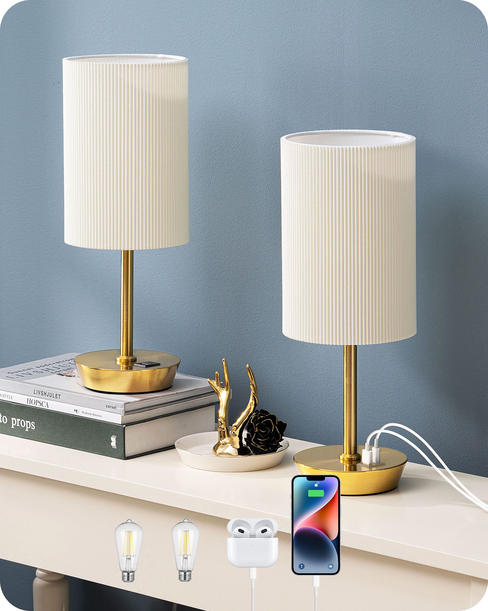 EDISHINE LED Nachttischlampe Touch Dimmbar, 2er-Set Tischleuchten mit USB, Dekolampen, LED wechselbar, warmweiß, kleine Tischlampe mit Ladefunktion