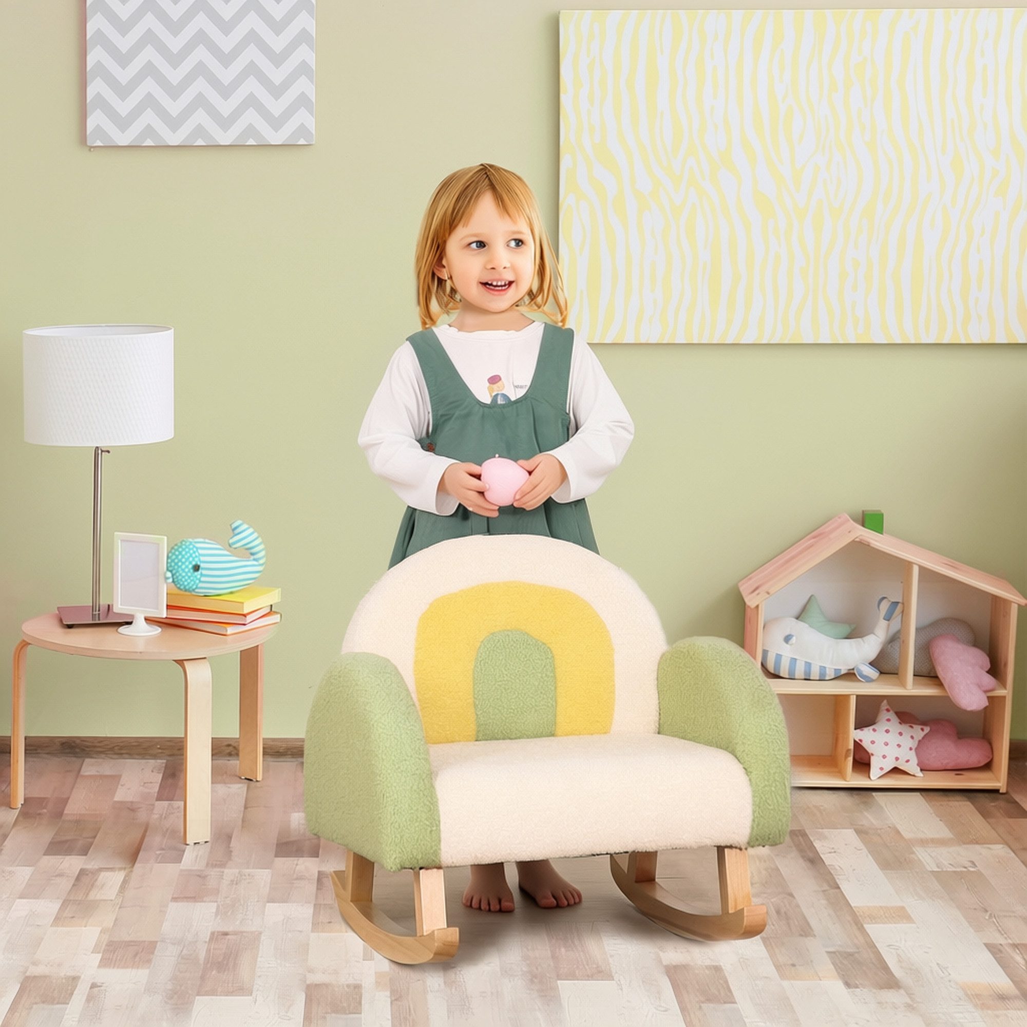 HOMCOM Kindersessel Kindersofa, Kinderstuhl mit Lammwolle-Optik, massiven Holzfüßen (Kindersofa, 1-St., Kindercouch), Grün 50 x 45 x 44 cm