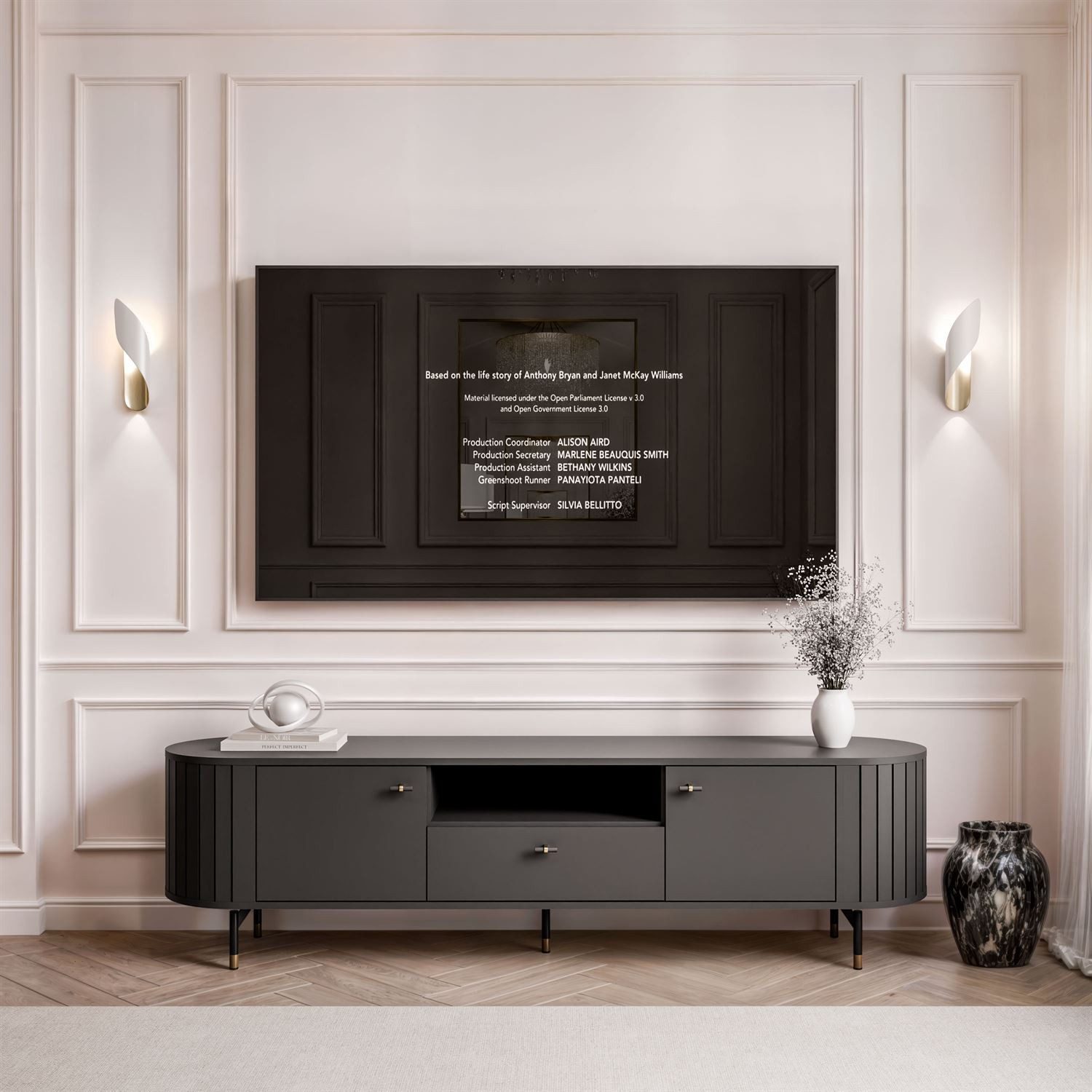 yourhouse24 TV-Schrank LINNEA 180cm 2D1S Runde Ecken Lamellen Kaschmir/Schwarz