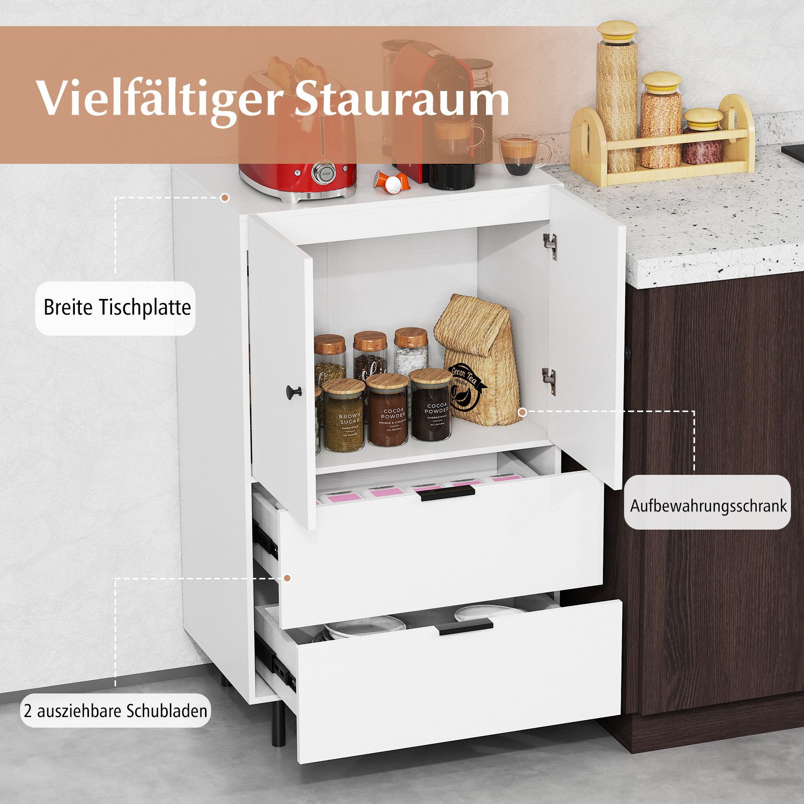 COSTWAY Sideboard, Buffetschrank Holz mit Schubladen & Türen, 60x41,5x102cm