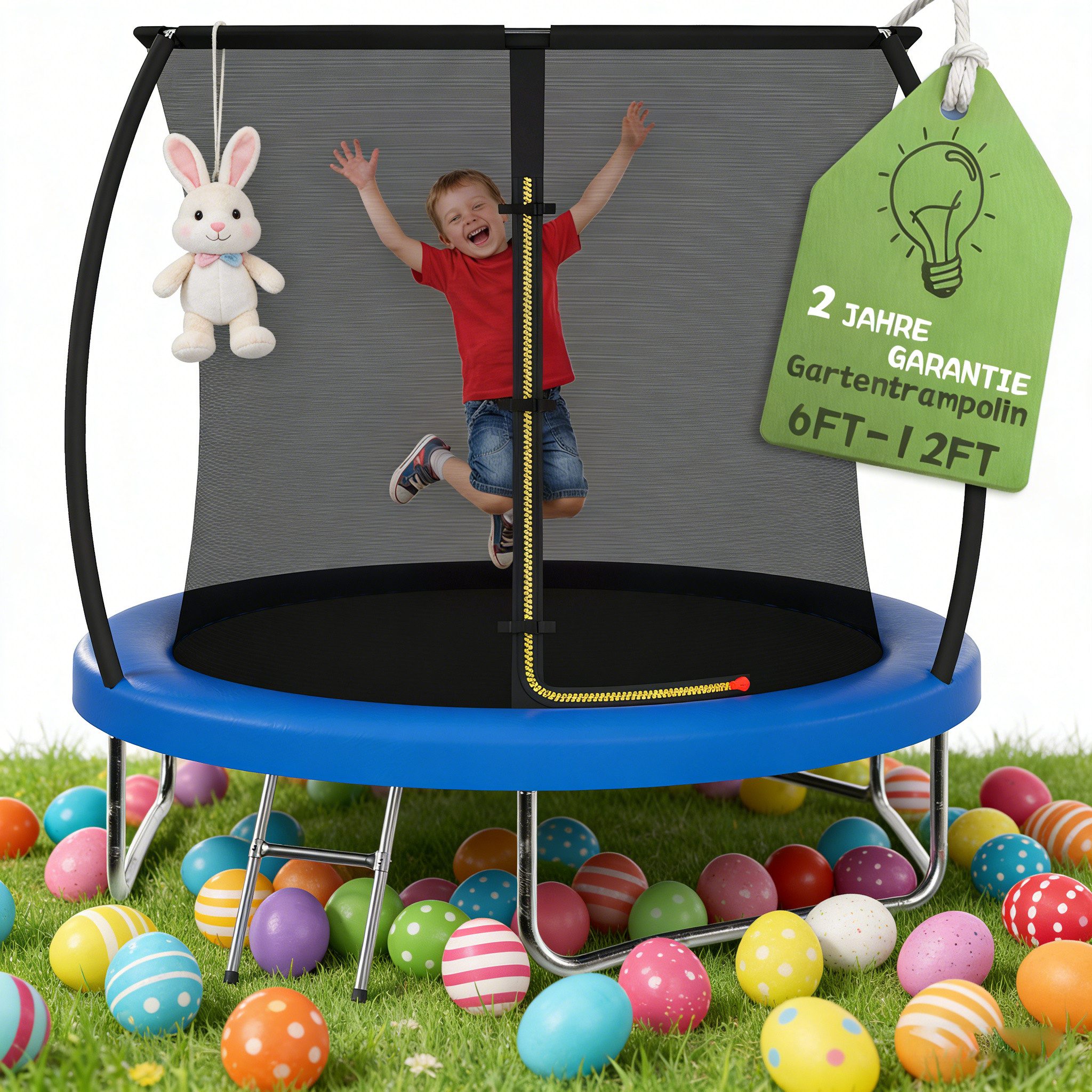 GUNJI Gartentrampolin Durchmesser 183/222/290/360 cm, Kindertrampoline Outdoor-Trampoline, Ø 183 cm, (Ausgestattet mit Sicherheitsnetz, Leiter und 360°-Gelander, maximale Tragkraft 120 kg,ostern geschenke)