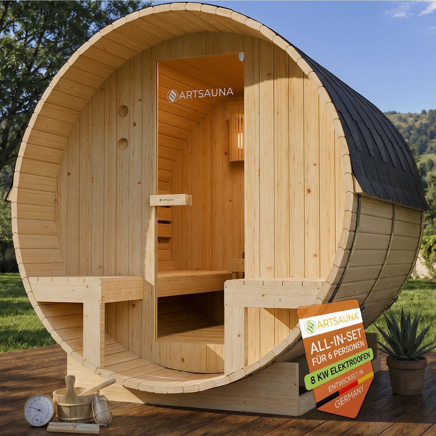 Artsauna Fasssauna Spitzbergen 220 mit zwei Bänken, BxTxH: 185 x 220 x 190 cm, für 6 Personen, Fichtenholz, 8 kW Elektro-Ofen, Komplett-Set
