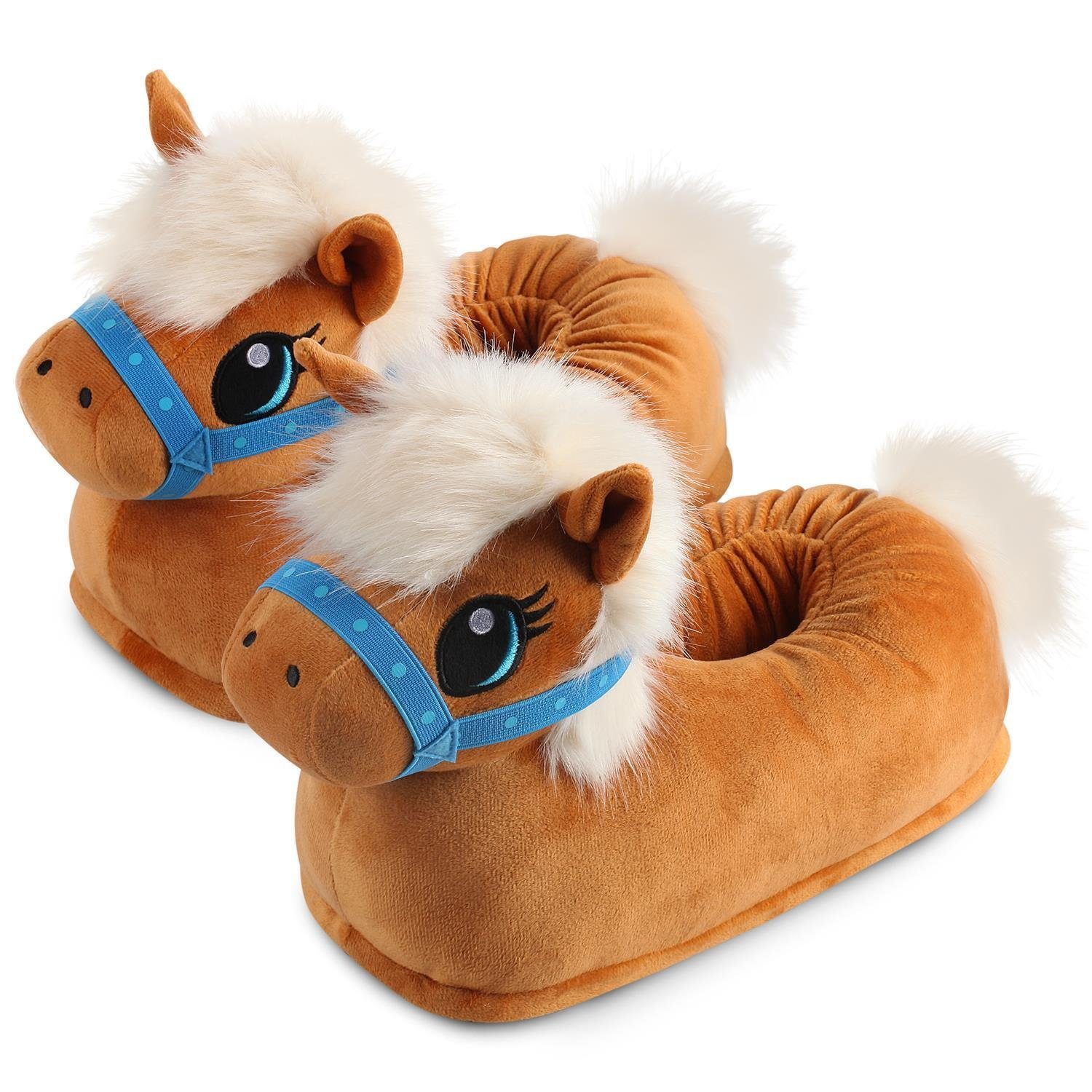 Corimori Tier Pantoffeln für Erwachsene Einheitsgröße 34-44 Plüsch Hausschuhe Witzige, lustige Tier-Hausschuhe, Erwachsene, Damen, Herren, Plüsch "Josy" das Pony (braun)