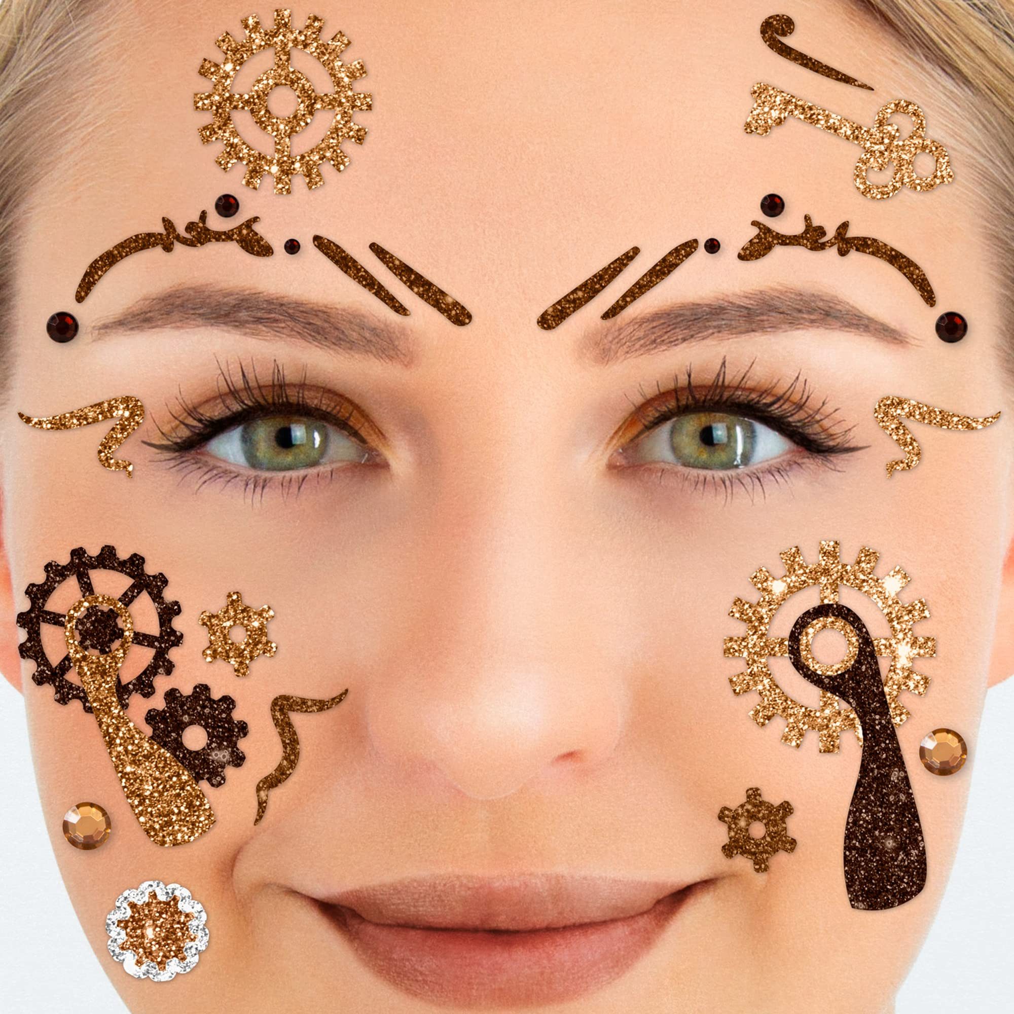 Party Factory Strass-Tattoo Glitter Face Tattoo Steampunk Brass, mit Glitzerelementen und Strass-Steinchen je nach Wahl