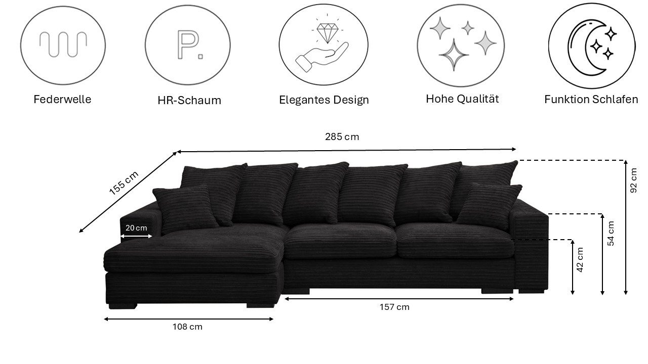Kaiser Möbel Ecksofa Sofa L-form, Couch L-form Gabon stoff Zoom Ottomane