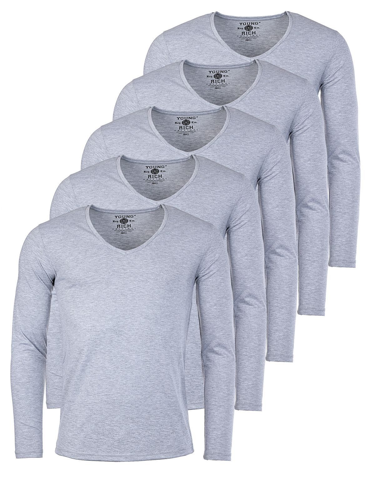 Young & Rich Langarmshirt Herren Uni Basic extra tiefer Ausschnitt Unterziehshirt 2239 5er Pack (5er-Pack, 5-tlg., 5er-Pack) V-Ausschnitt unifarben langarm slim fit