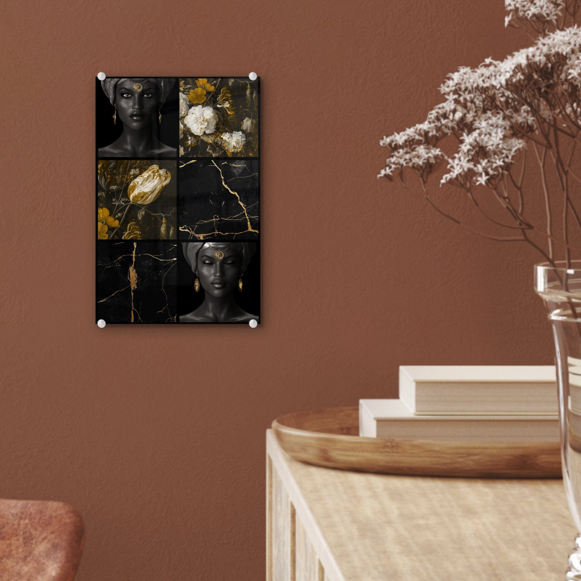 MuchoWow Acrylglasbild Blumen Glas Frauen St), Marmor auf Foto Wanddekoration - auf Bilder - Glas Wandbild (1 - Gold, Glasbilder - - 
