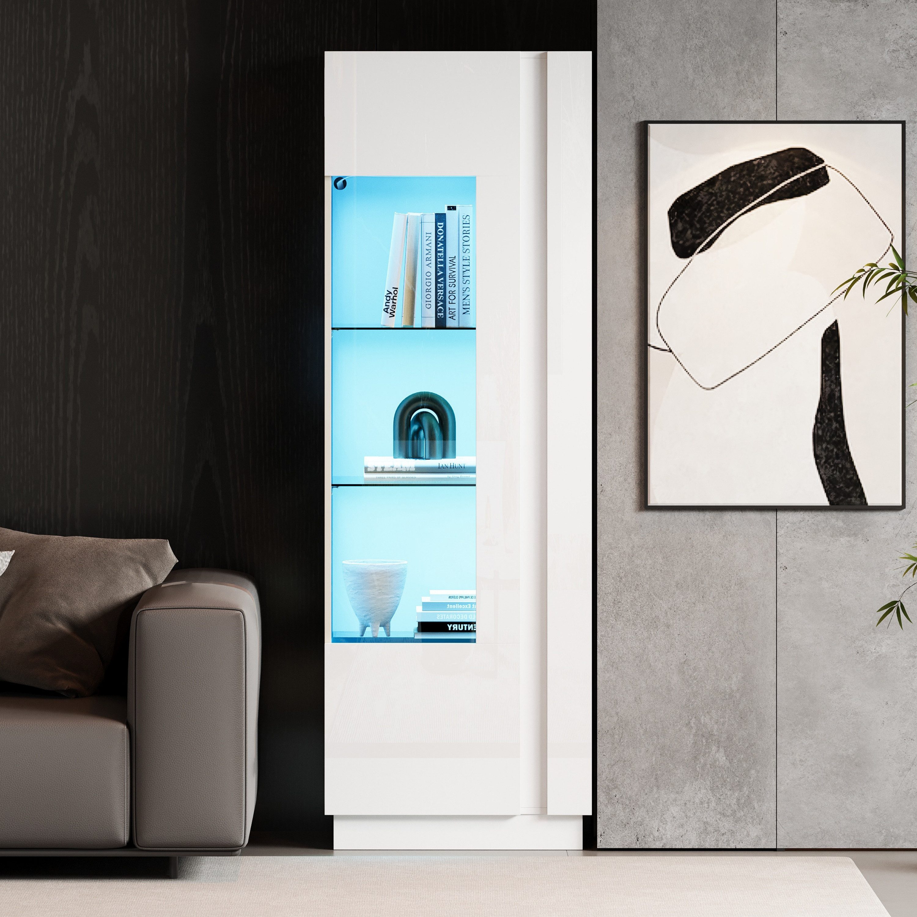 KLAM HOME Vitrine Moderne Acryl-Vitrine mit LED-Beleuchtung und 3 Glasböden, 60*40*180cm Eleganter Hochschrank, Highboard, Aufbewahrungsschrank, Sofaschrank