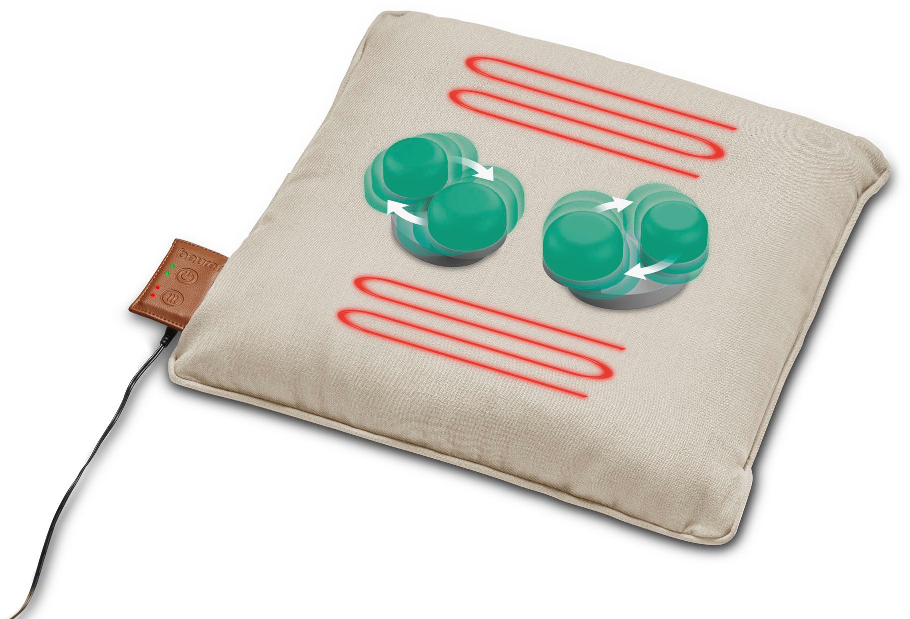 BEURER Shiatsu-Massagekissen MG 139, zuschaltbare Wärmefunktion mit 2 Temperaturstufen, Akkubetrieben mit Abschaltautomatik, 40 x 40cm