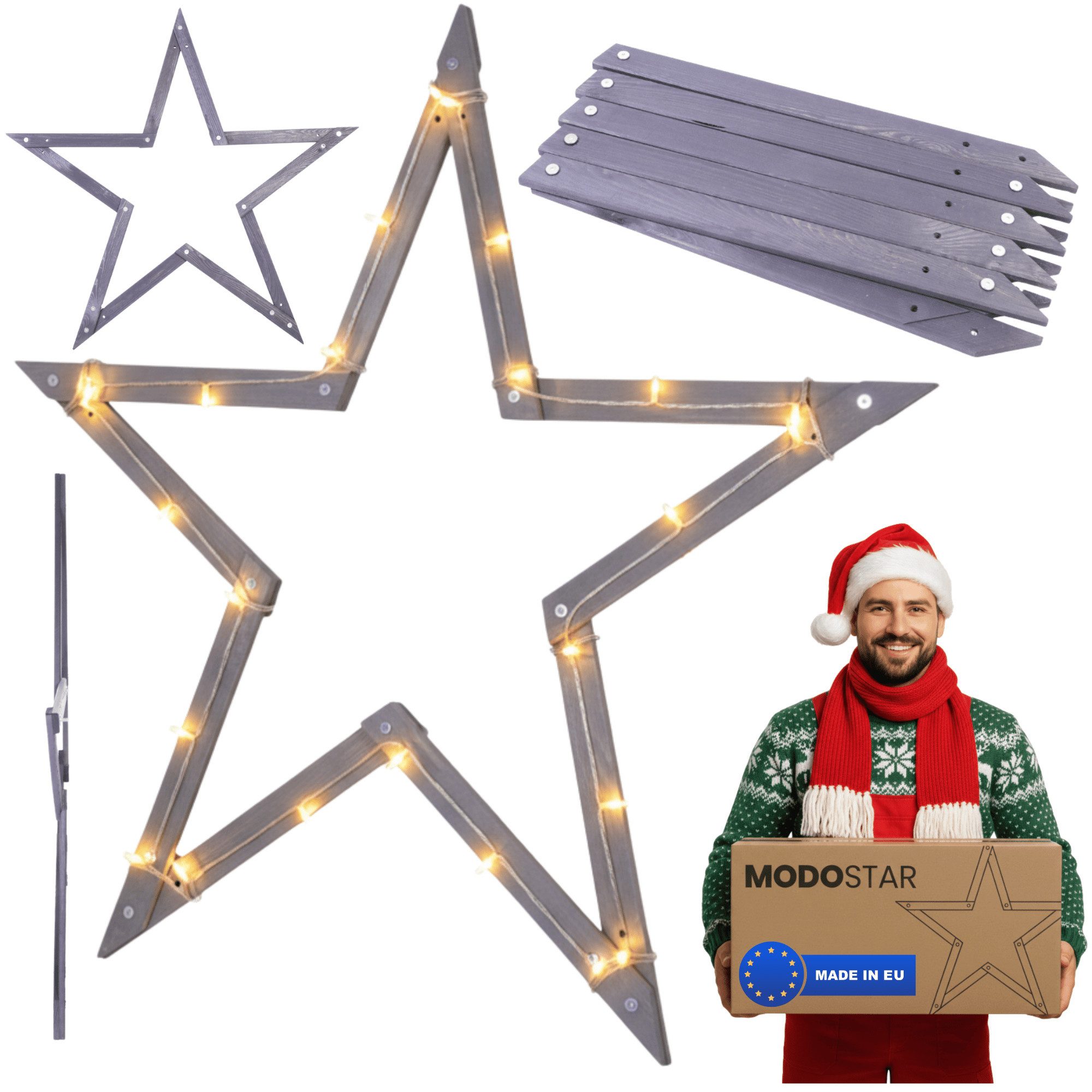 Modo24 Dekostern DIY MODOSTAR Weihnachtsstern Set aus FSC Holz 2D und 3D in 3 Breiten, zum Garten & Terrasse, wetterfest, faltbar & stabil, Weihnachtsdeko