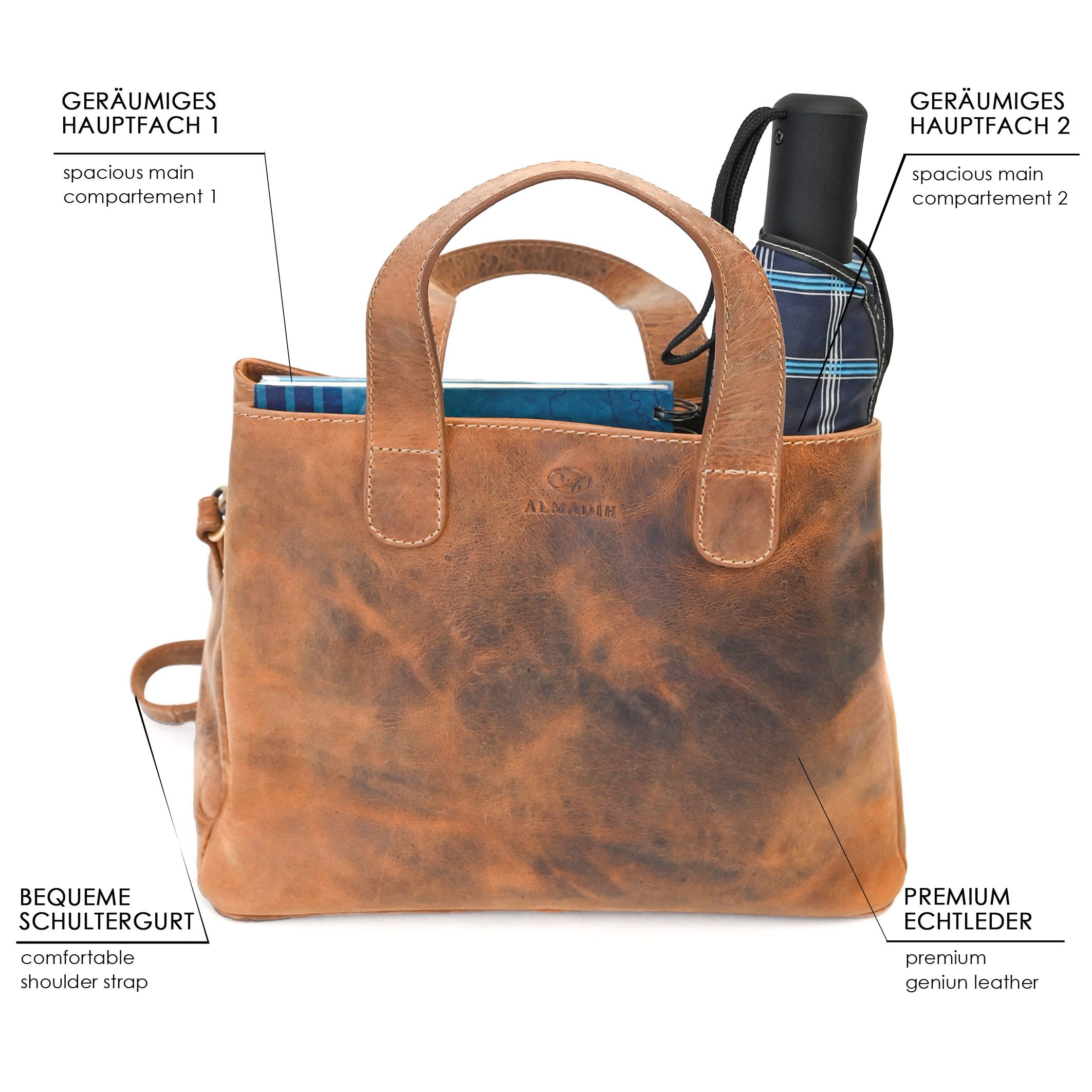 ALMADIH Handtasche Leder Damentasche JULIA Schultertasche Lederhandtasche Umhängetasche