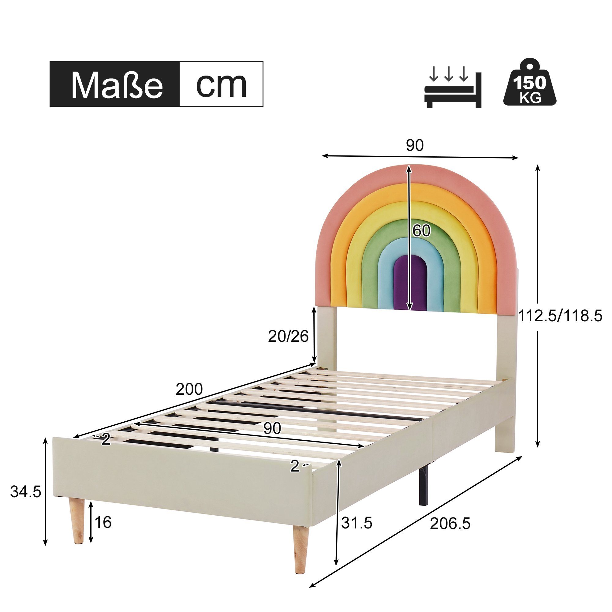 Polsterbett (Jugendbett mit Lattenrost), Kinderbett mit verstellbarem Regenbogen-Kopfteil, 90x200 cm, Samt