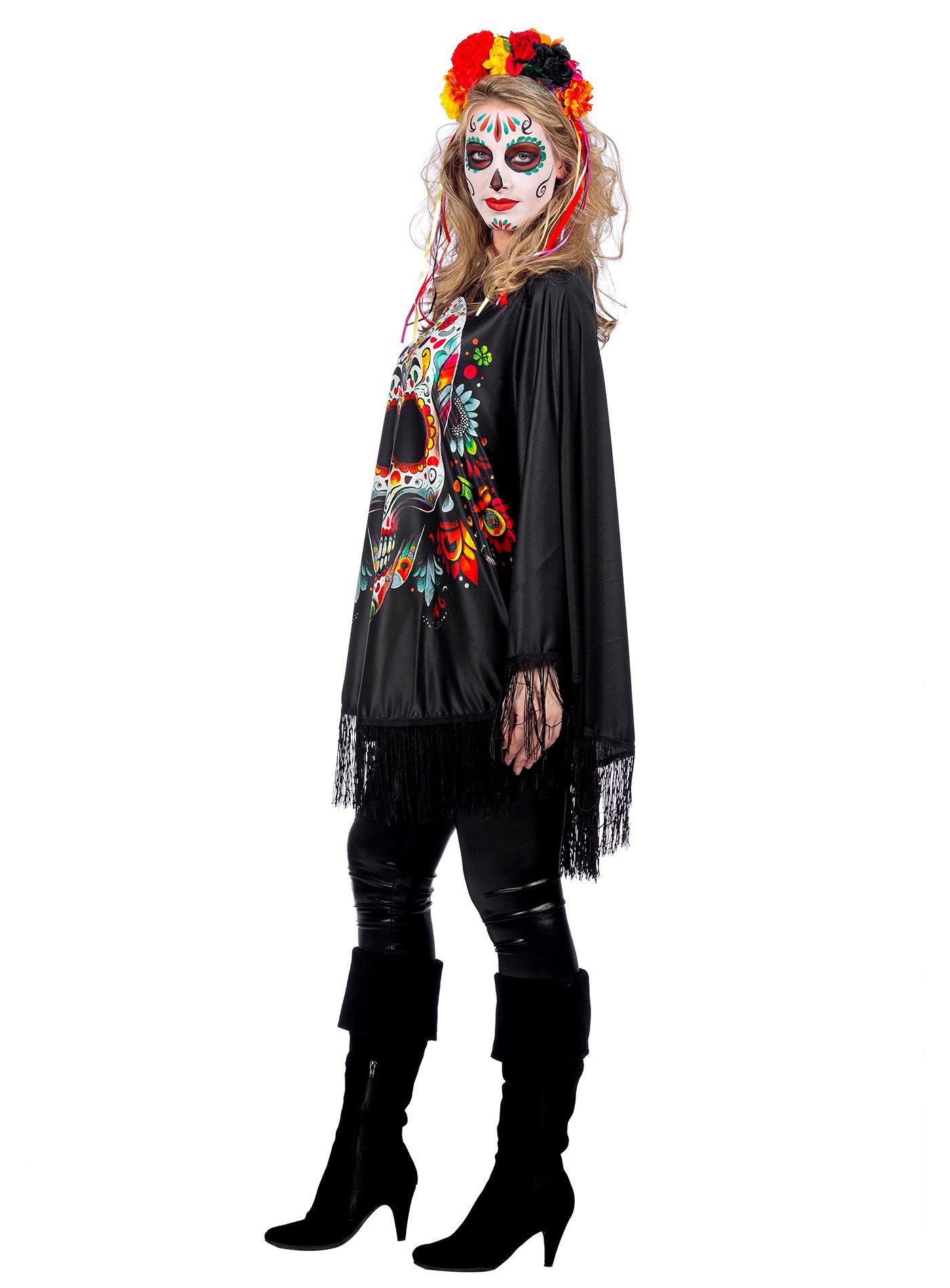 Metamorph Kostüm Dia de los Muertos Poncho mit Flower-Skull, Satin-Umhang m günstig online kaufen