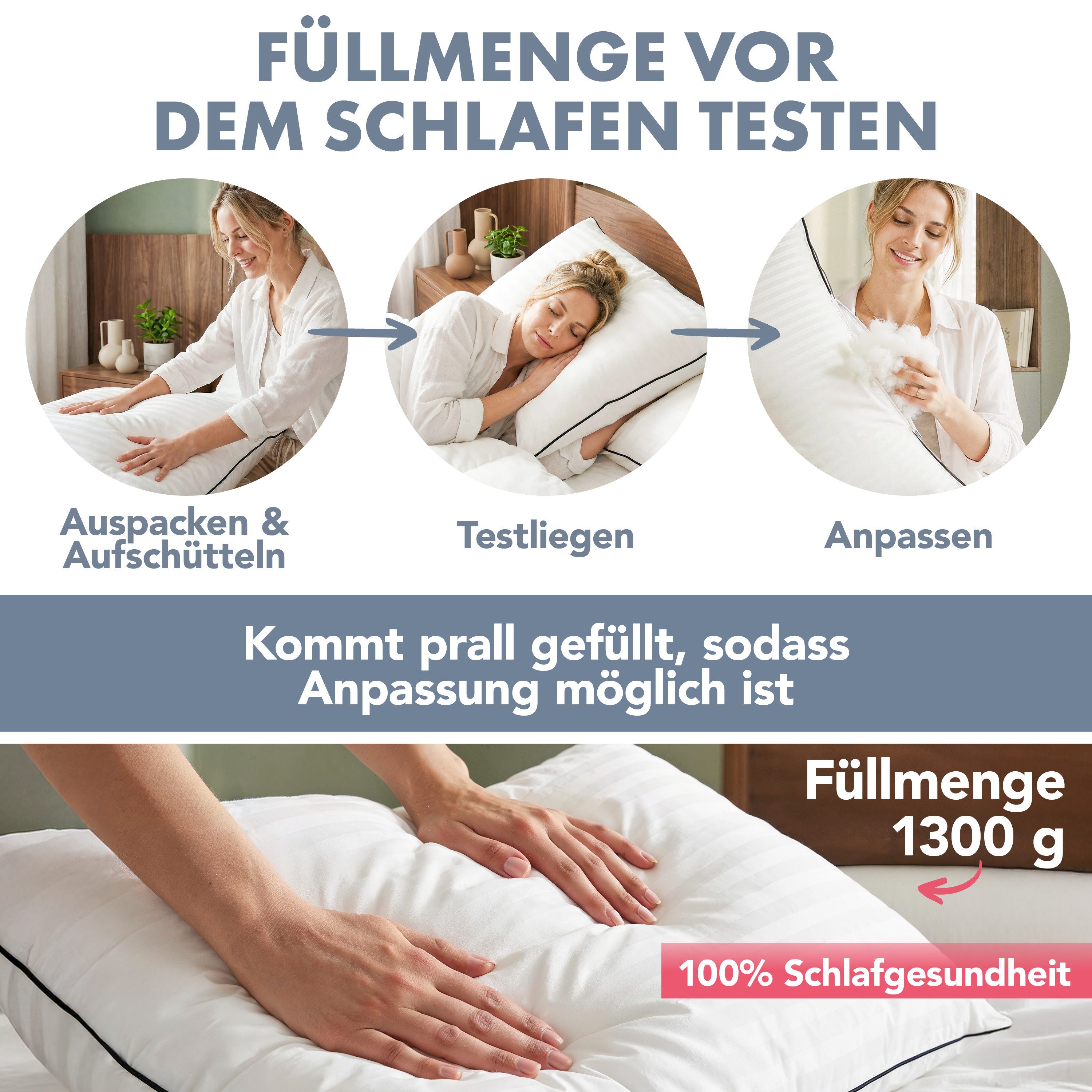 Blumtal Kopfkissen Premium Kopfkissen mit Ultra anpassbarer Nanofaser-Füllung, Seitenschläfer, Rückenschläfer, 1 oder 2-tlg., Paspel & Reißverschluss, ideal für Seiten-/Rückenschläfer, 95°C