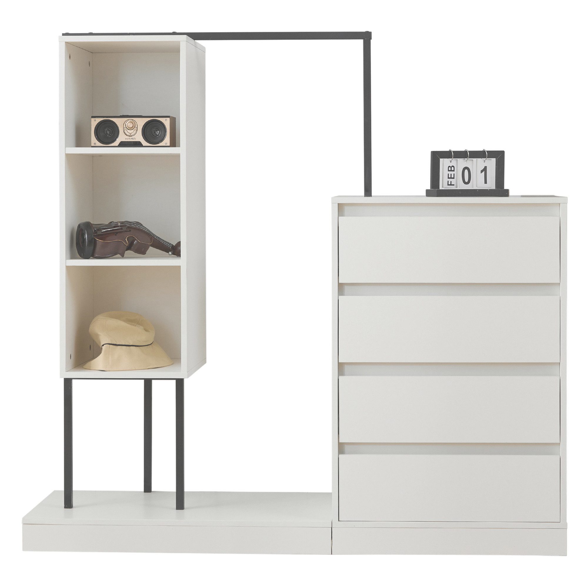 Yorbay Kleiderständer Weiß Schubladenschrank mit 4 Schubladen, 3 offene Stauräume, Kleiderschrank-Set mit Kleiderstange 140x40x135cm (BxTxH)