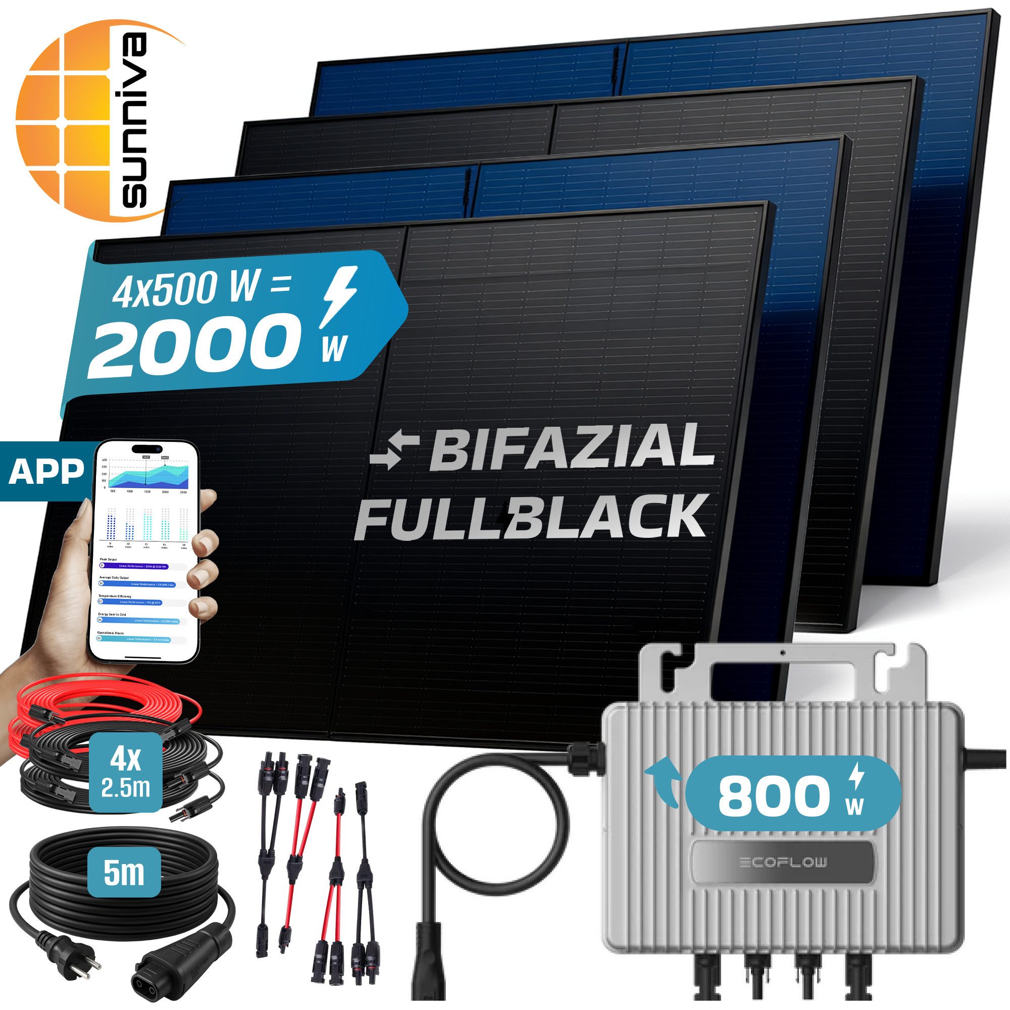 SUNNIVA Balkonkraftwerk 2000W BIFAZIAL FULLBLACK komplett Steckdose, (Ecoflow 800W Wechselrichter, PV Solaranlage, 4x 500W Glas Solarmodule, inkl. 5m Kabel, Bluetooth WIFI, Komplettset)