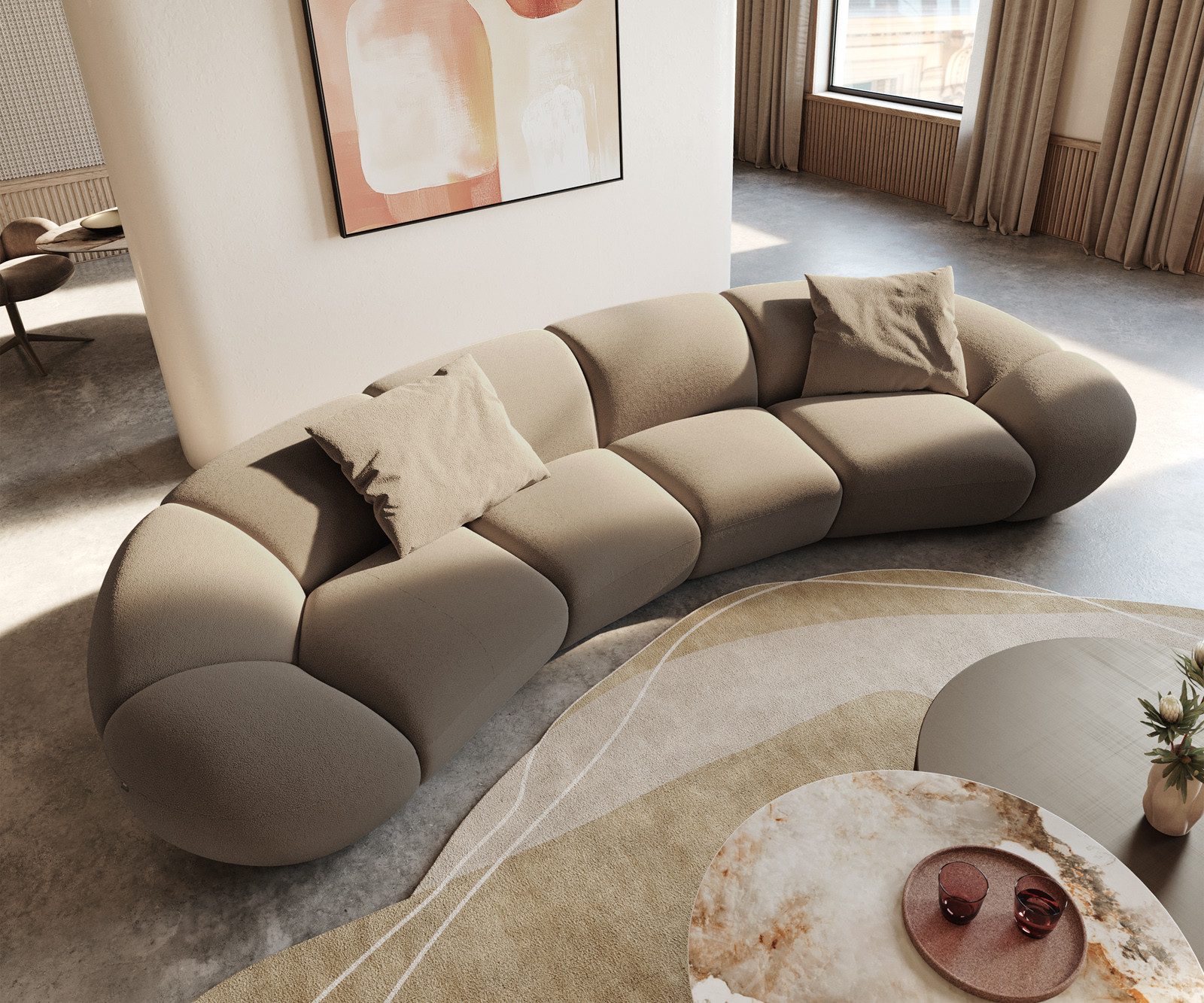 DELIFE Big-Sofa Lunna, Fein Bouclé Taupe 360x175 cm 2 Kissen