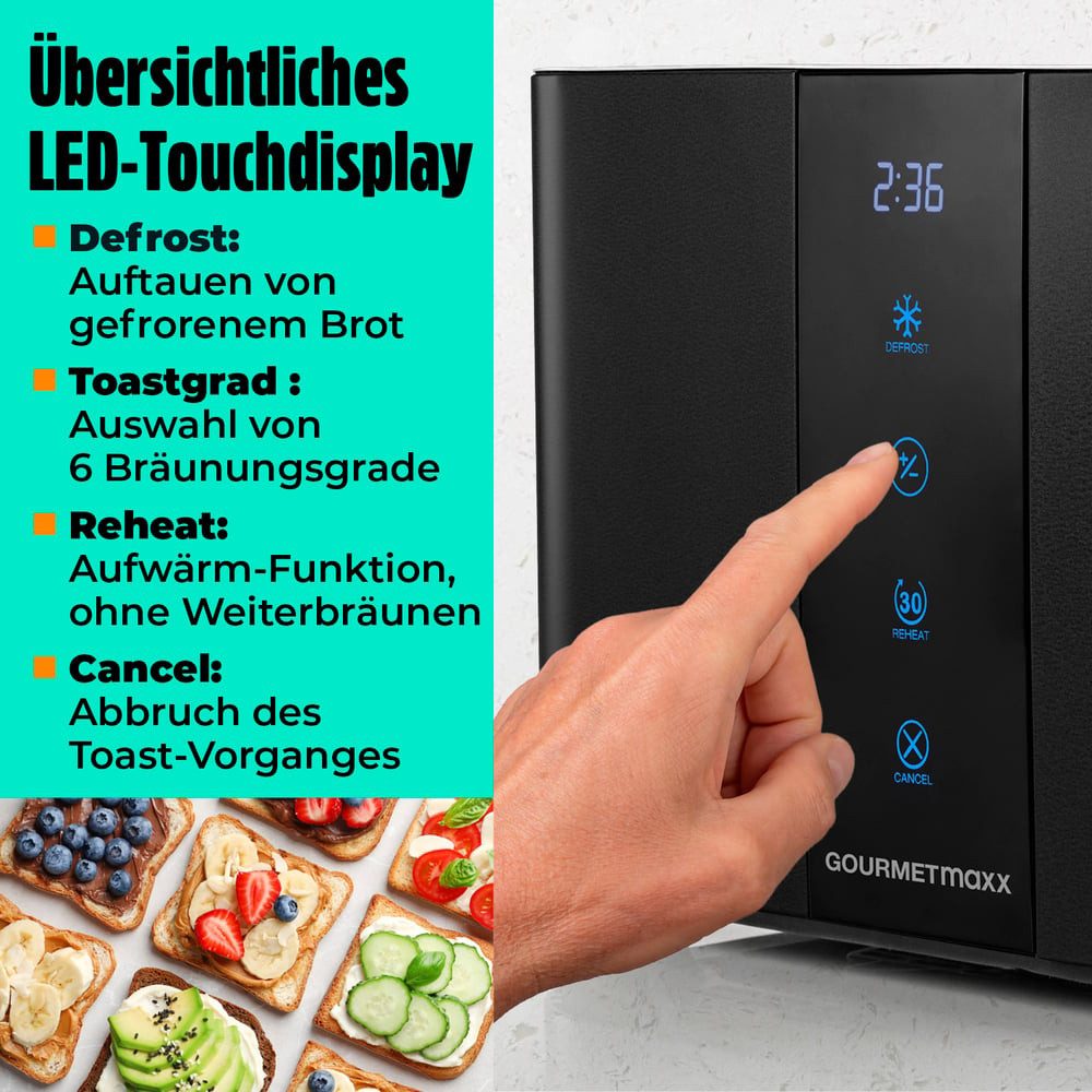 GOURMETmaxx Toaster Toaster 2 Scheiben Kurzschlitz mit Touch-Display, 800 W, 800W schwarz, 6 Bräunungsgrade, Touchscreen, Brötchenaufsatz