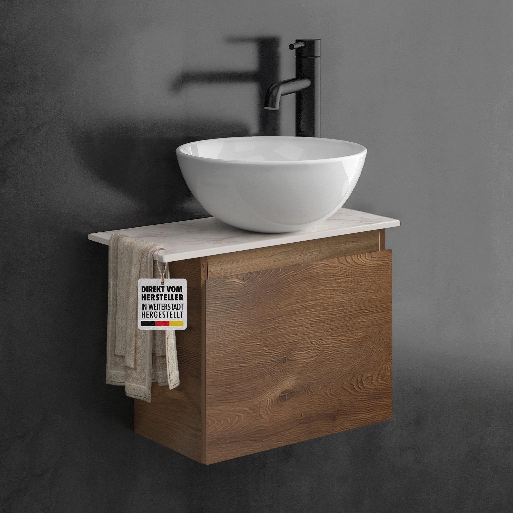 Alpenberger Badmöbel-Set mit Aufsatzwaschbecken Waschtisch mit Unterschrank & Keramikplatte, (Waschtischunterschrank mit Softclose, Waschbeckenunterschrank hängend), Gäste WC Waschbecken mit Unterschrank und Waschtischplatte