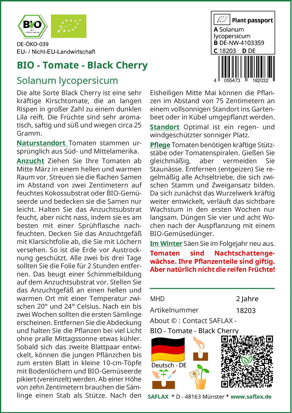 SAFLAX Gemüsesamen SAFLAX - Samen - BIO - Tomate - Black Cherry