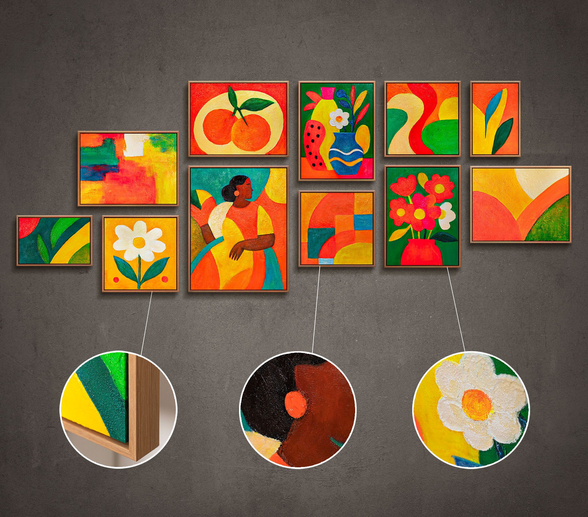 YS-Art Gemälde "Sommerliche Inspiration", Stillleben (Set, 11 St), Farbenfrohes Bilder Set für Wohnzimmer im modernen Kunststil