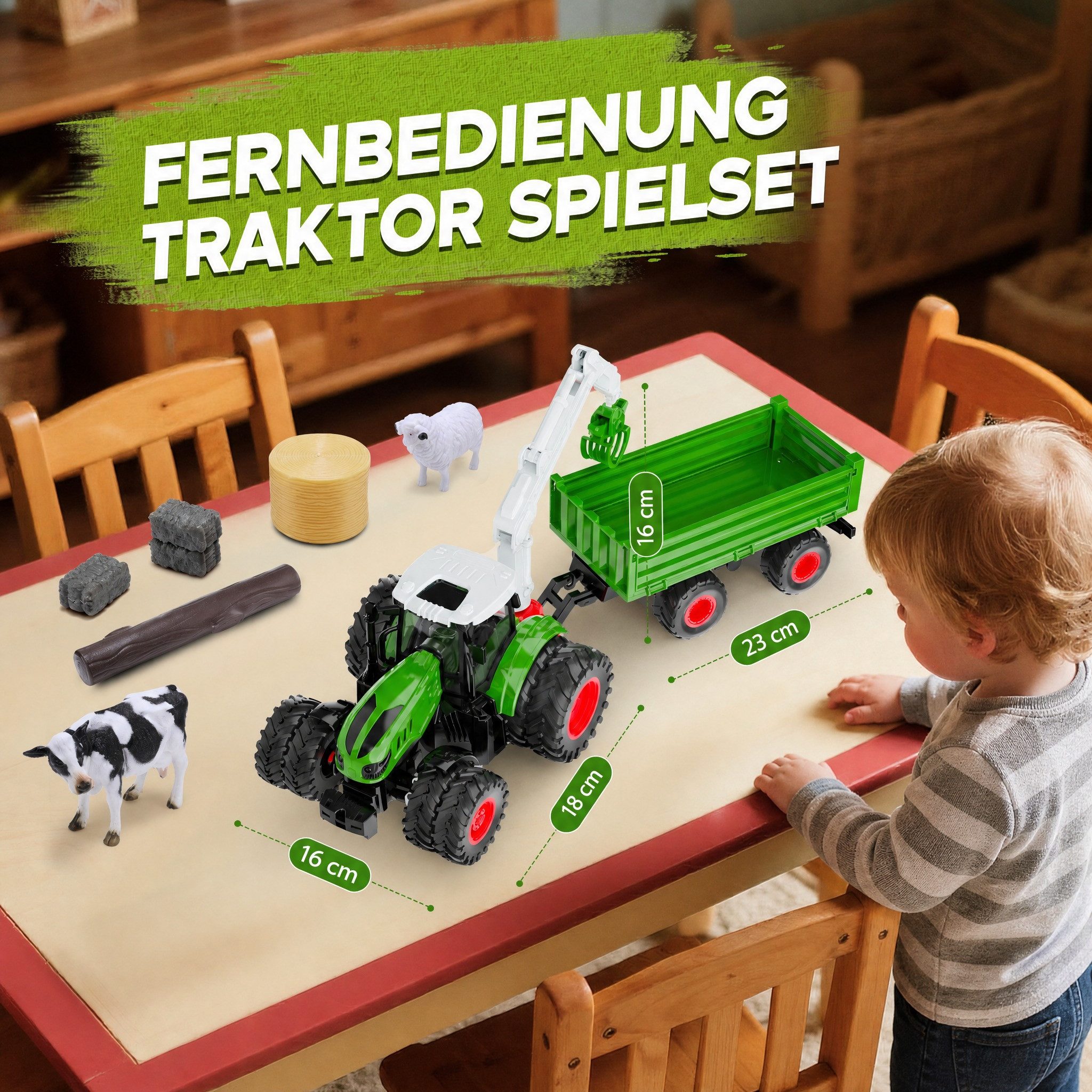 Wootoy RC-Traktor Ferngesteuerter Traktor mit 2,4-GHz-Fernsteuerung und 8-Rad-Antrieb (LED-Licht und 6-Kanal RC Traktor Spielset, 1-tlg., mit Bewegliche Anbauteile und stabile Scharnierkonstruktion), profilierten Gummireifen für Traktion auf verschiedenen Untergründen