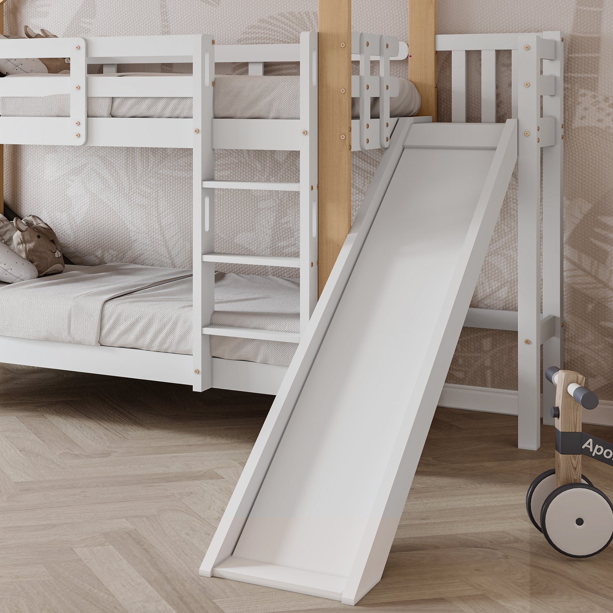 Etagenbett, Hochbett Kinderbett mit Lattenrost, Rutsche und Leiter, 90x200cm